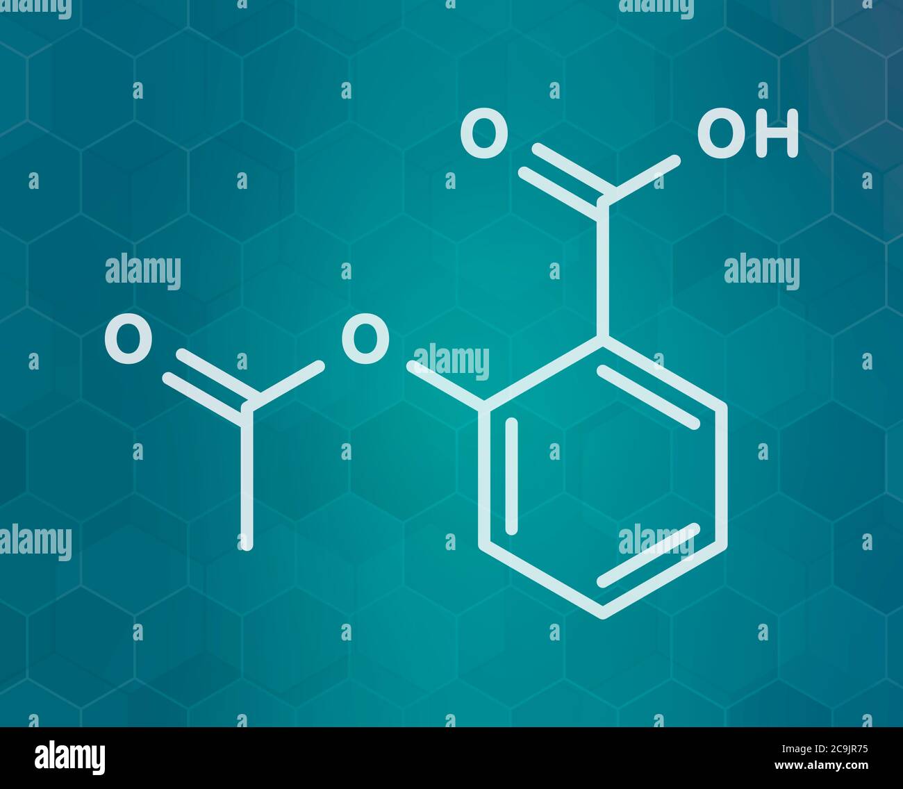 Acetylsalicylic acid (aspirin) drug molecule. White skeletal formula on dark teal gradient