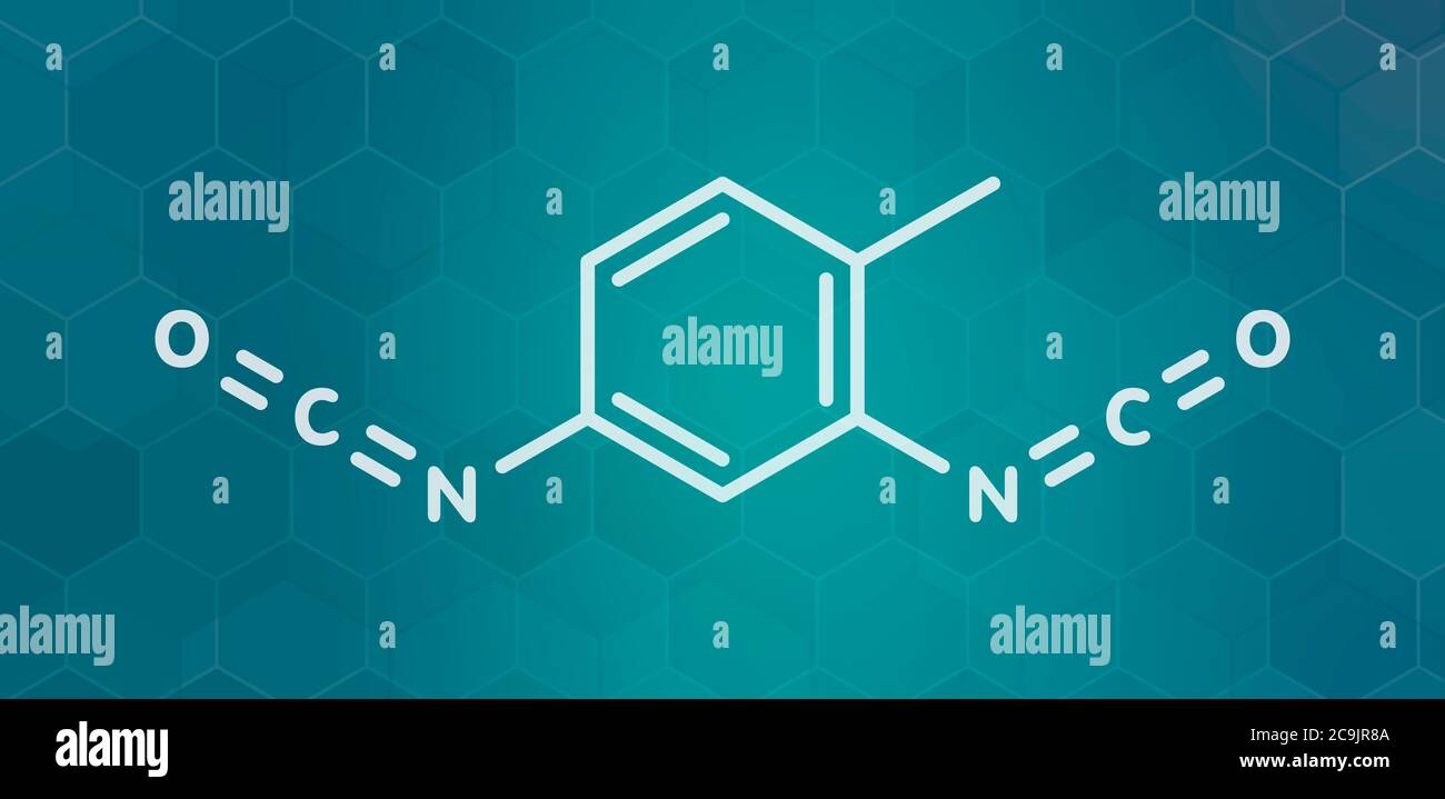 Toluene diisocyanate (TDI, 2,4-TDI) polyurethane building block molecule. May be a carcinogen. White skeletal formula on dark teal gradient background Stock Photo