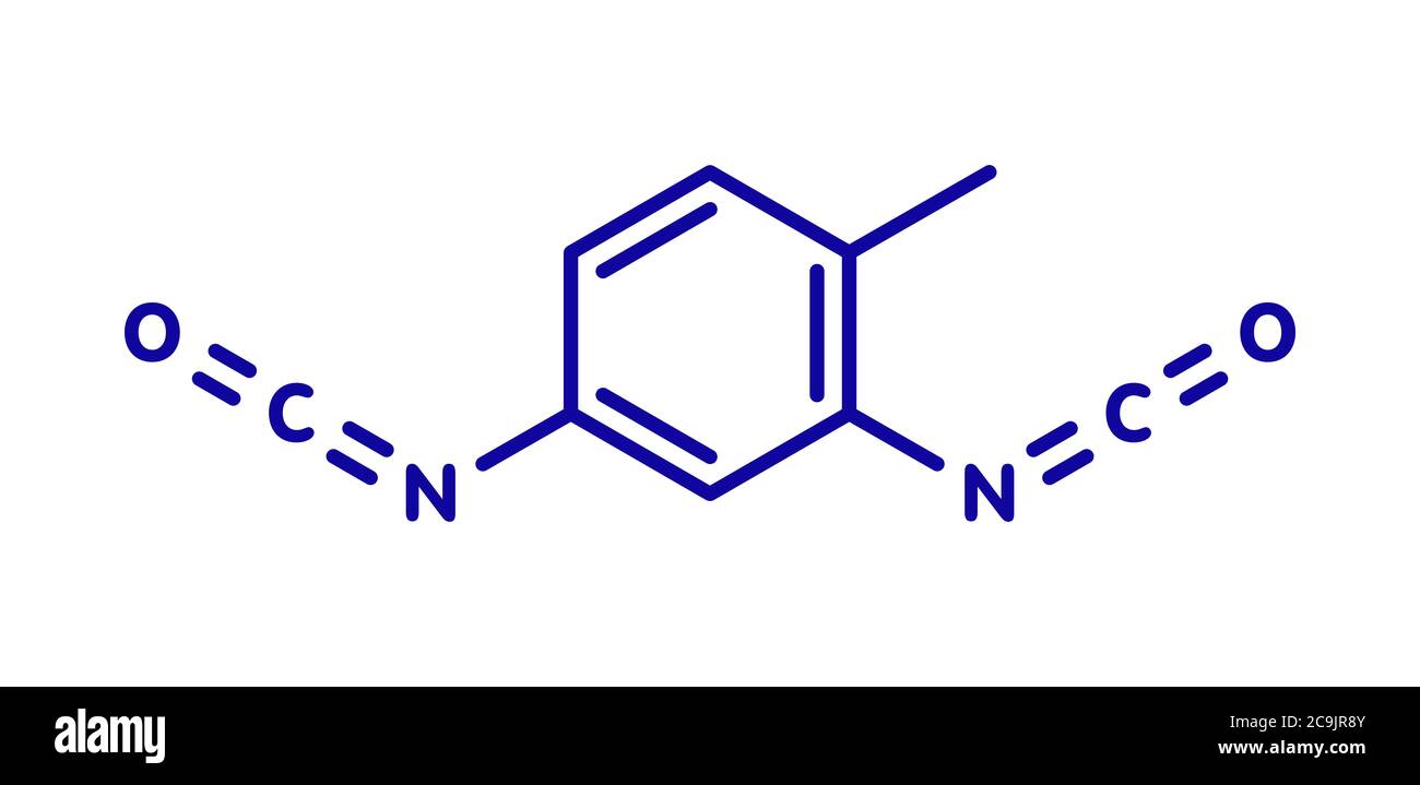 Toluene diisocyanate (TDI, 2,4-TDI) polyurethane building block molecule. May be a carcinogen. Blue skeletal formula on white background. Stock Photo