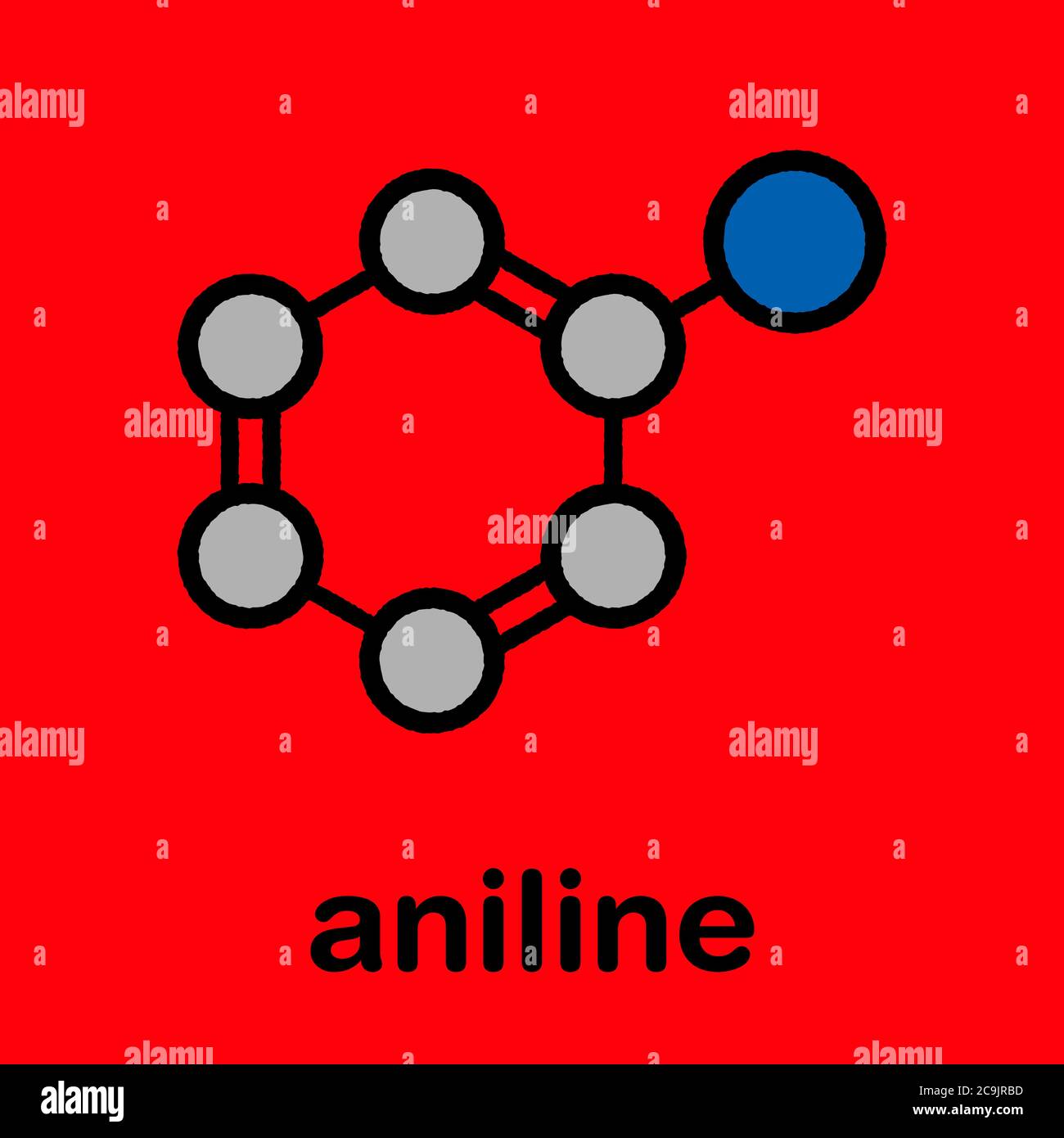 Aniline (phenylamine, aminobenzene) molecule. Stylized skeletal formula (chemical structure): Atoms are shown as color-coded circles with thick black Stock Photo