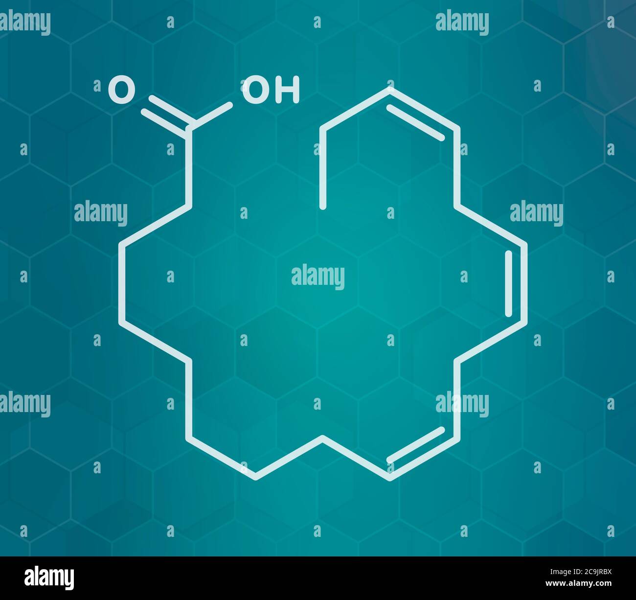 Alphalinolenic acid (ALA) molecule. Essential polyunsaturated omega3 fatty acid, present in