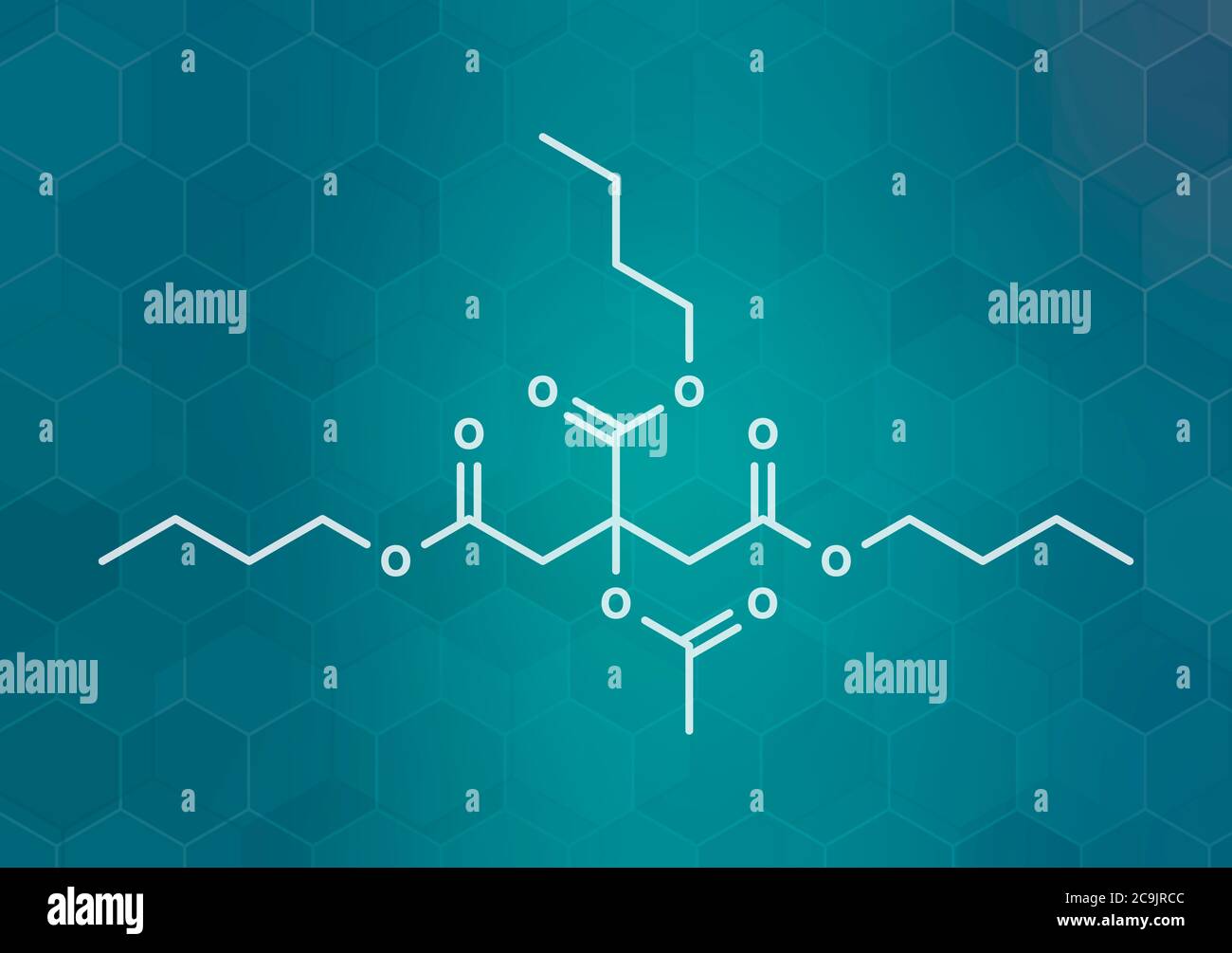 Acetyl tributyl citrate (ATBC) plasticizer molecule. Biodegradable alternative to phthalate plasticizers. White skeletal formula on dark teal gradient Stock Photo