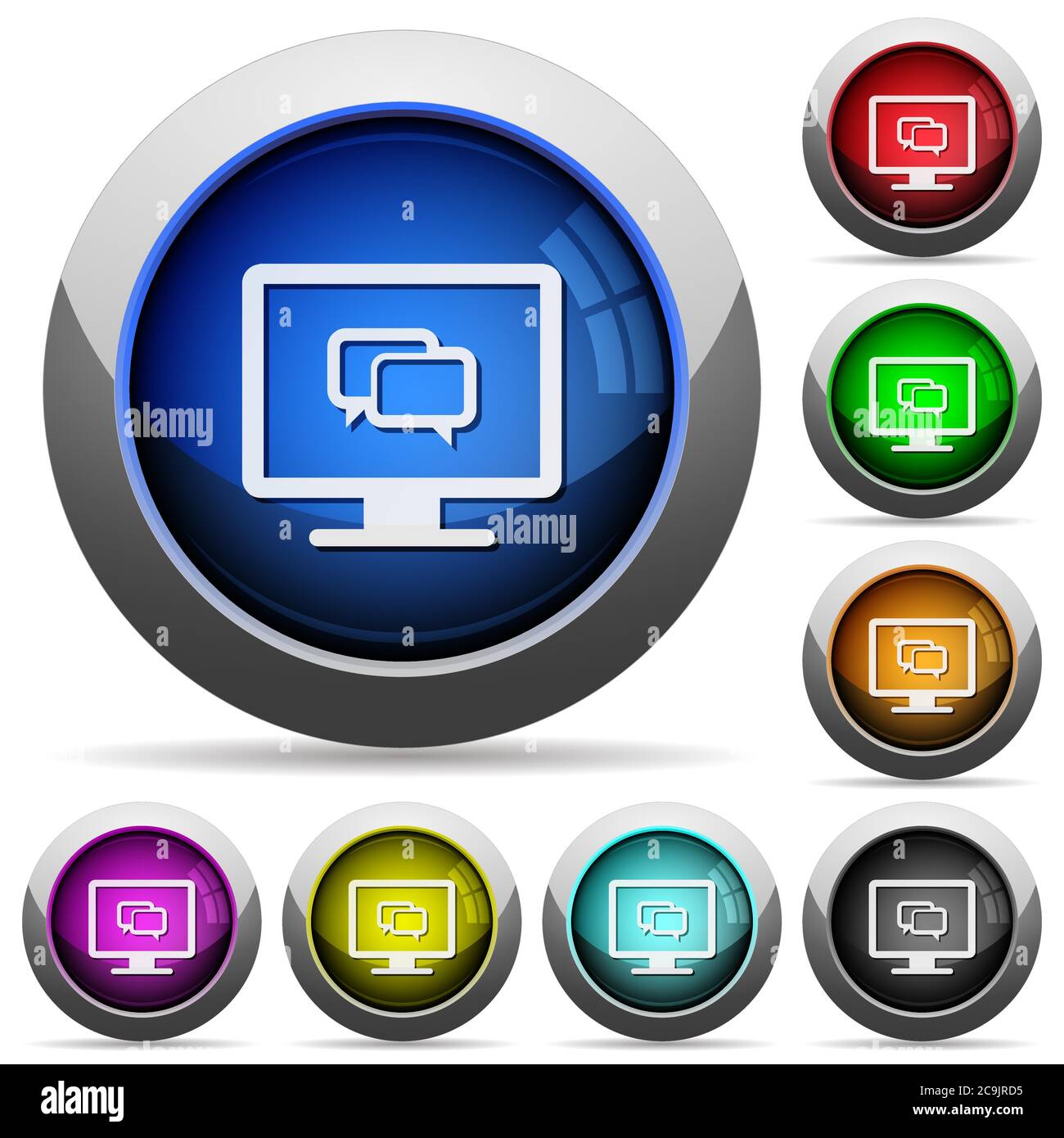Chat application icons in round glossy buttons with steel frames Stock Vector
