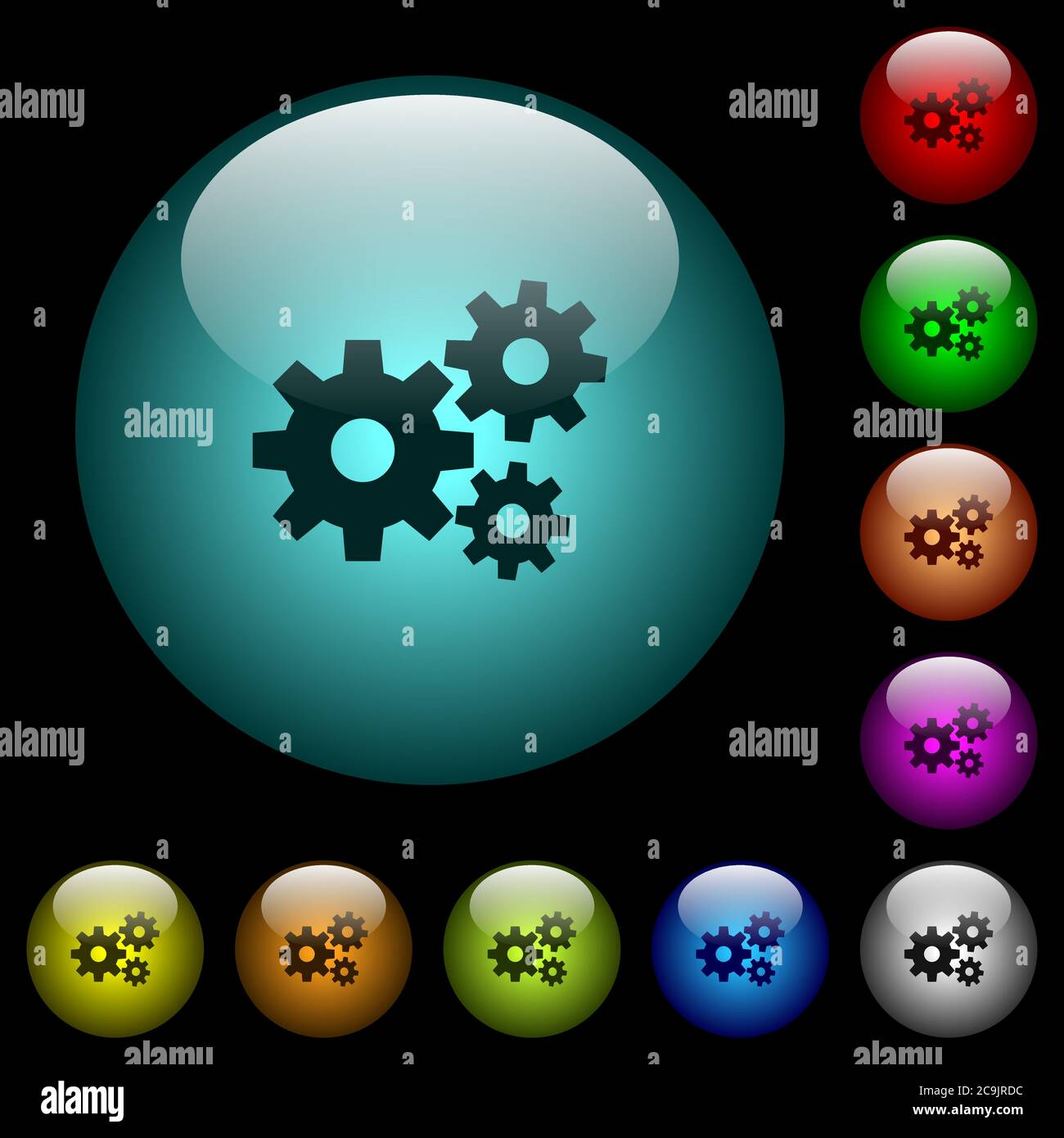 Gears icons in color illuminated spherical glass buttons on black ...