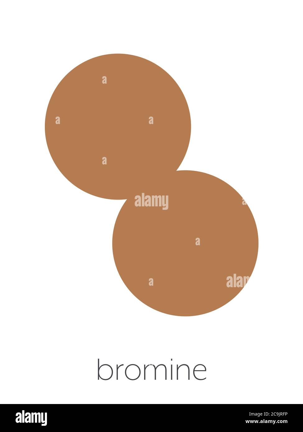 Elemental bromine (Br2) molecule. Stylized skeletal formula (chemical structure): Atoms are shown as color-coded circles connected by thin bonds, on a Stock Photo