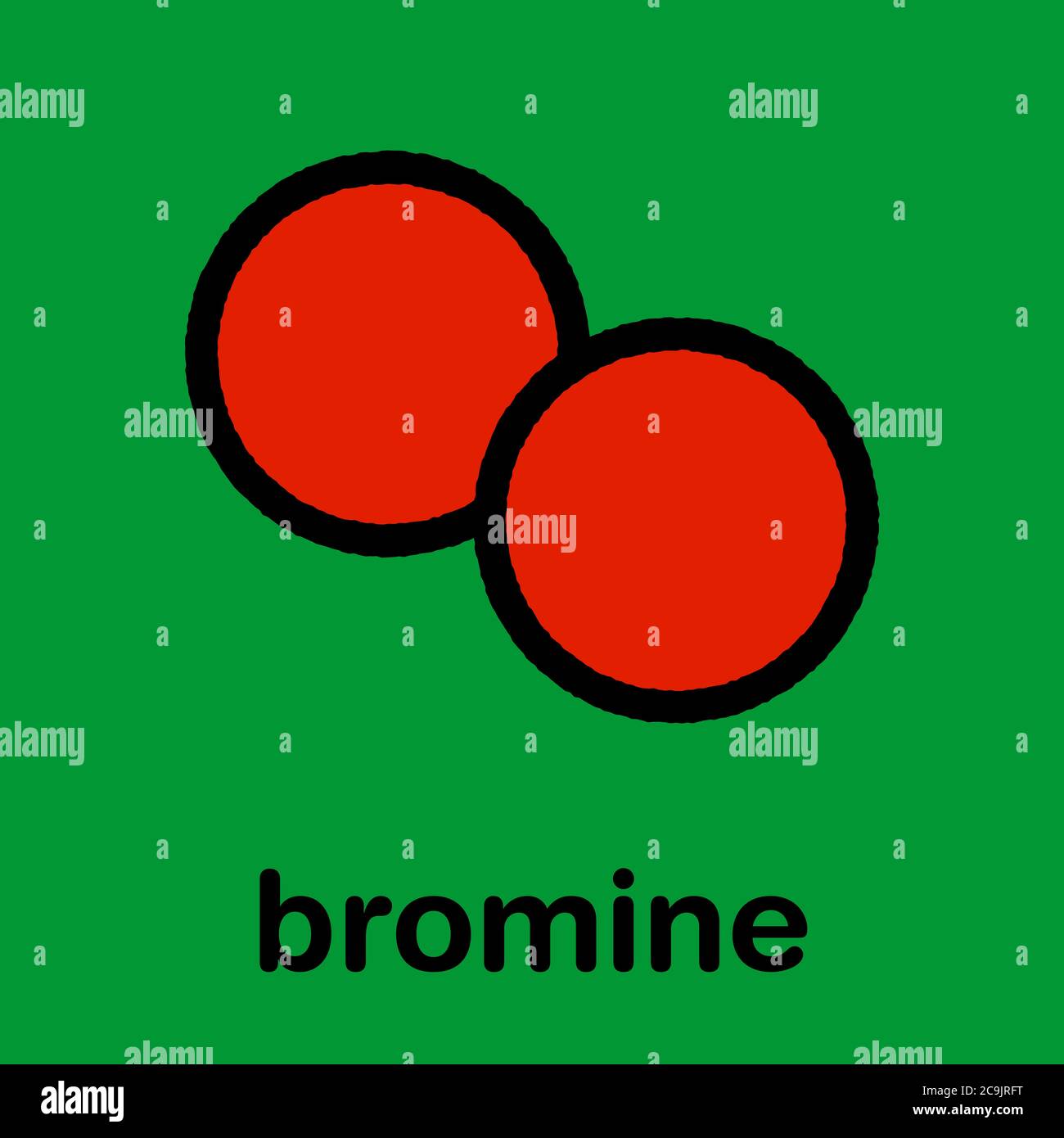 Elemental bromine (Br2) molecule. Stylized skeletal formula (chemical structure): Atoms are shown as color-coded circles with thick black outlines and Stock Photo