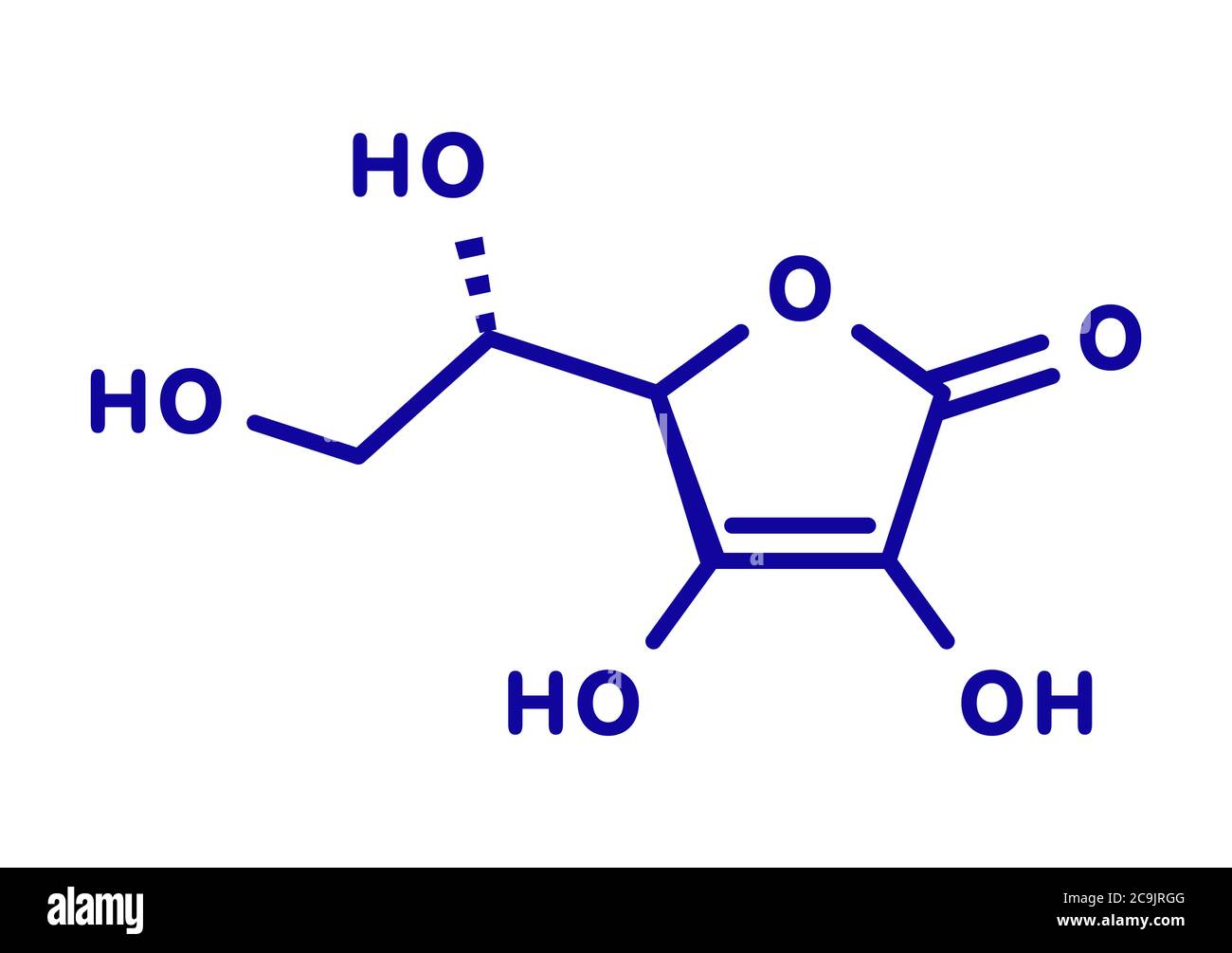 Vitamin C (ascorbic acid, ascorbate) molecule. Blue skeletal formula on