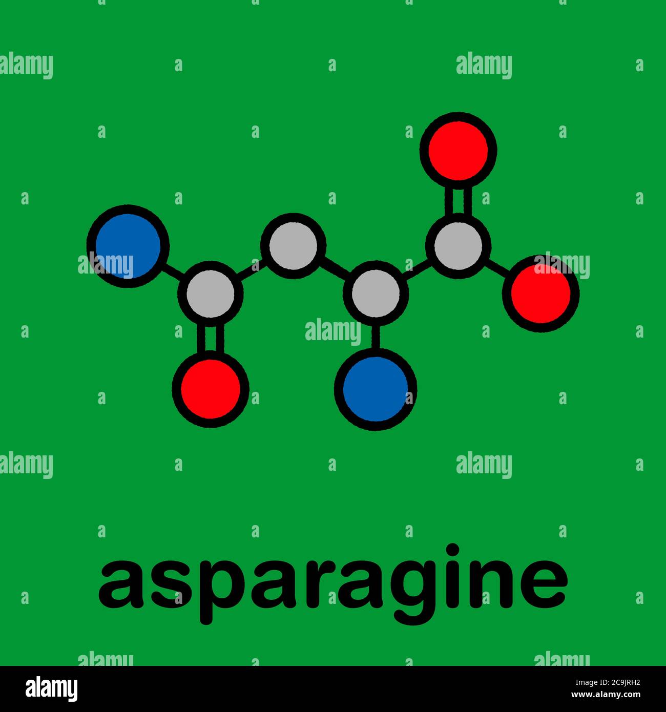 Asparagine (L-asparagine, Asn, N) amino acid molecule. Stylized skeletal formula (chemical structure). Atoms are shown as color-coded circles with thi Stock Photo