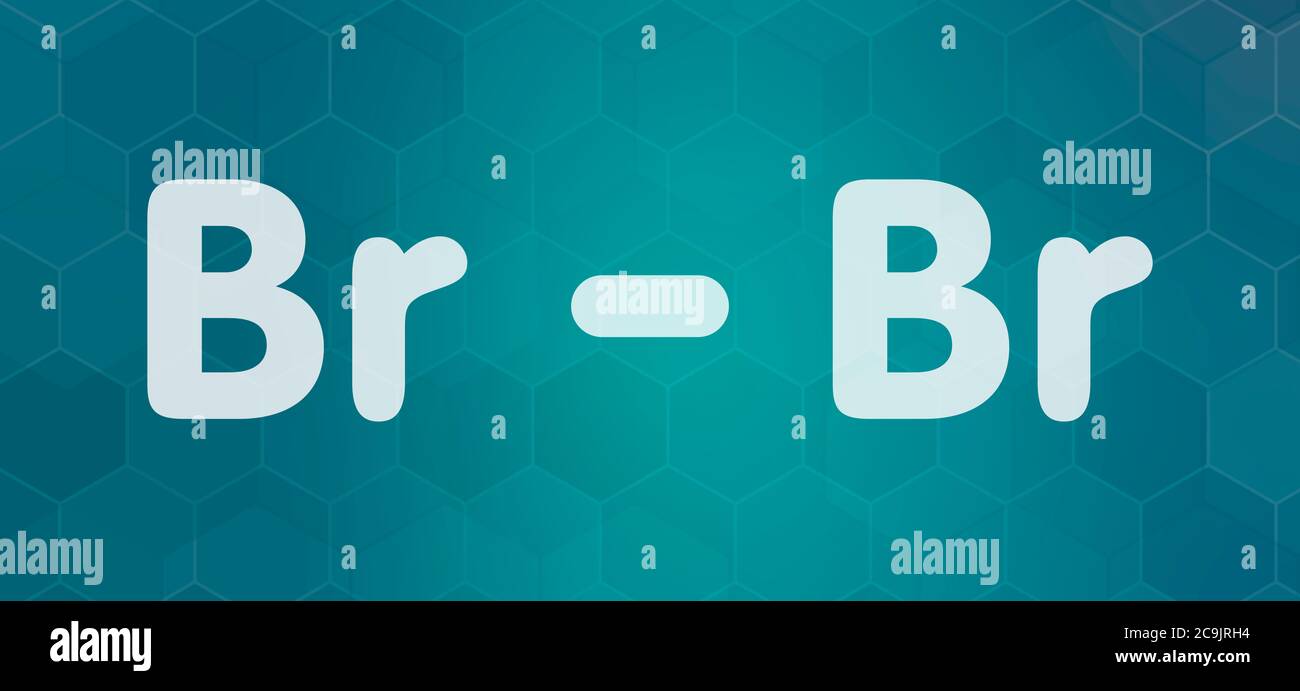 Elemental bromine (Br2) molecule. White skeletal formula on dark teal gradient background with hexagonal pattern. Stock Photo