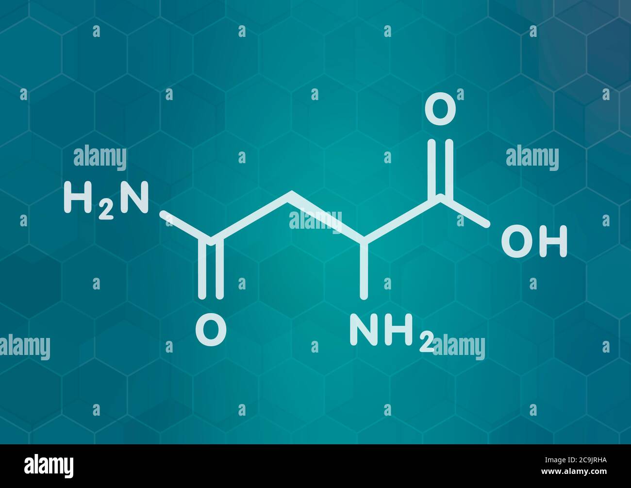 Asparagine (L-asparagine, Asn, N) amino acid molecule. White skeletal formula on dark teal gradient background with hexagonal pattern. Stock Photo