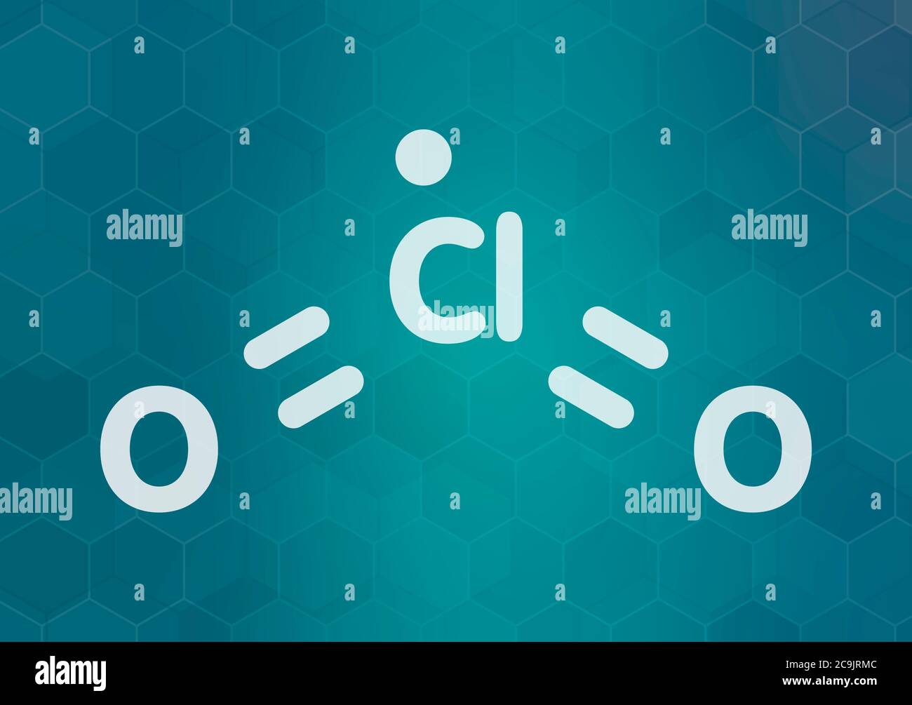 Chlorine dioxide (ClO2) molecule. Used in pulp bleaching and for disinfection of drinking water. White skeletal formula on dark teal gradient backgrou Stock Photo