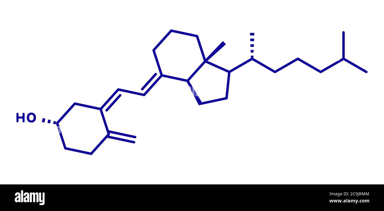 Vitamin D (D3, cholecalciferol, toxiferol) molecule. Blue skeletal formula on white background. Stock Photo