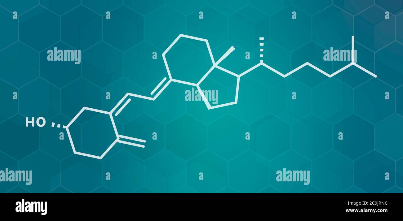 Vitamin D (D3, cholecalciferol, toxiferol) molecule. White skeletal formula on dark teal gradient background with hexagonal pattern. Stock Photo