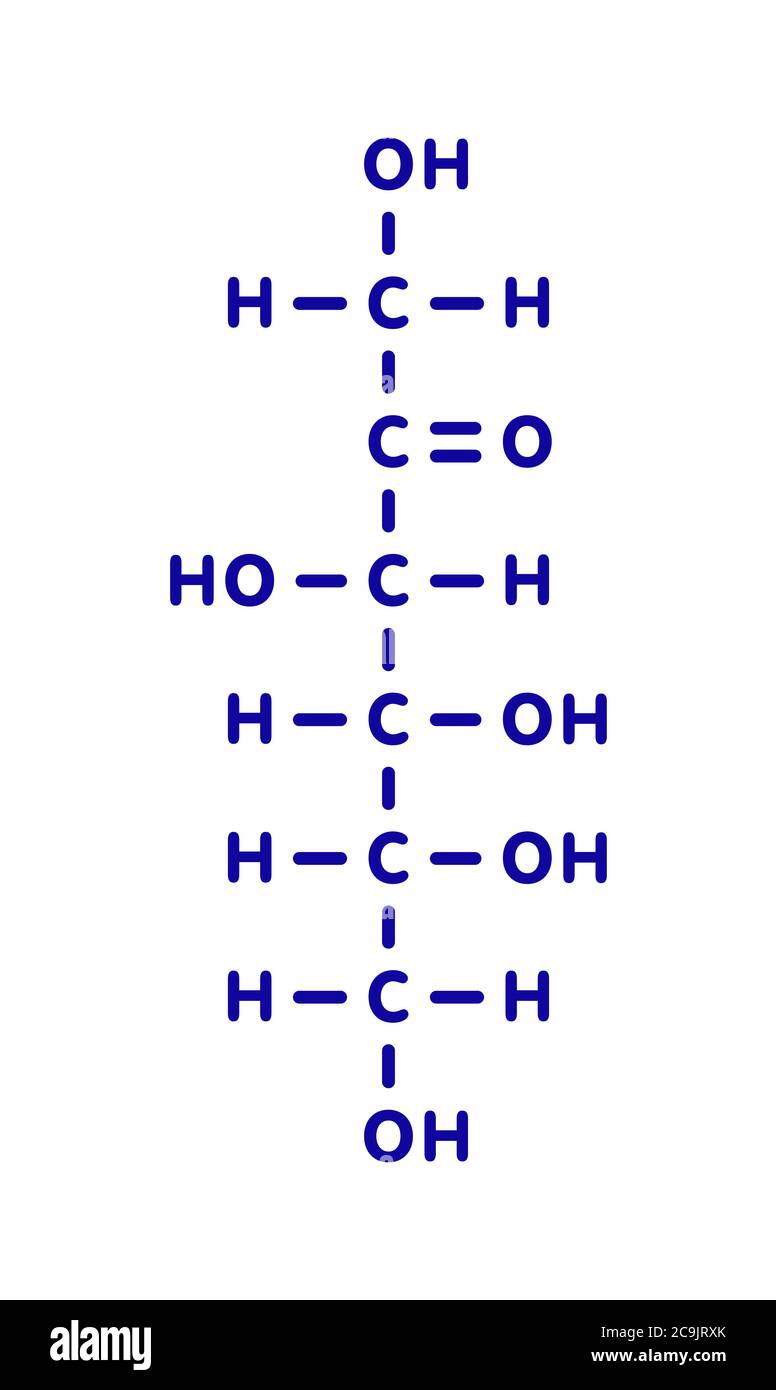 Fructose (D-fructose) fruit sugar molecule. Component of high-fructose corn syrup (HFCS). Blue skeletal formula on white background. Stock Photo