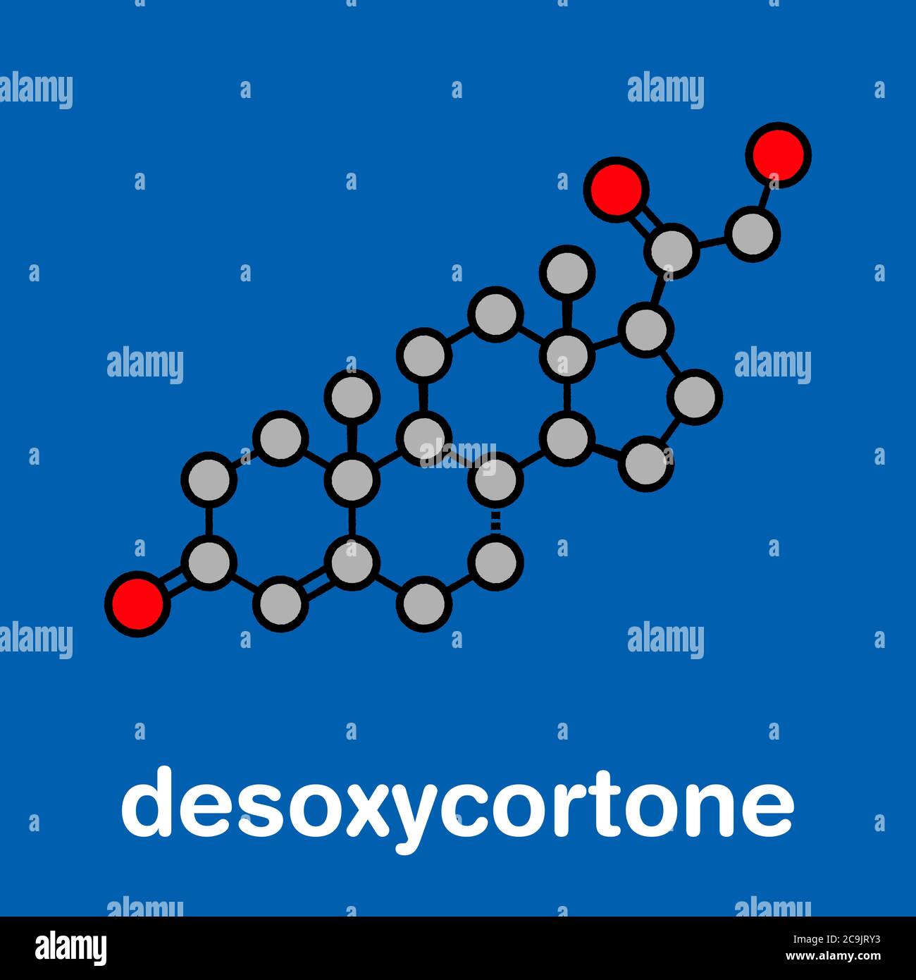 Deoxycorticosterone (DOC) mineralocorticoid hormone molecule. Precursor to aldosterone. Stylized skeletal formula (chemical structure). Atoms are show Stock Photo