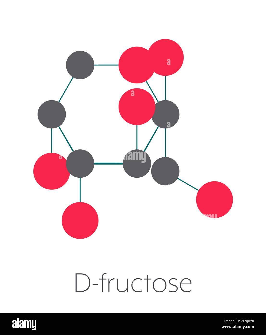 Fructose (D-fructose) fruit sugar molecule. Component of high-fructose corn syrup (HFCS). Stylized skeletal formula (chemical structure). Atoms are sh Stock Photo