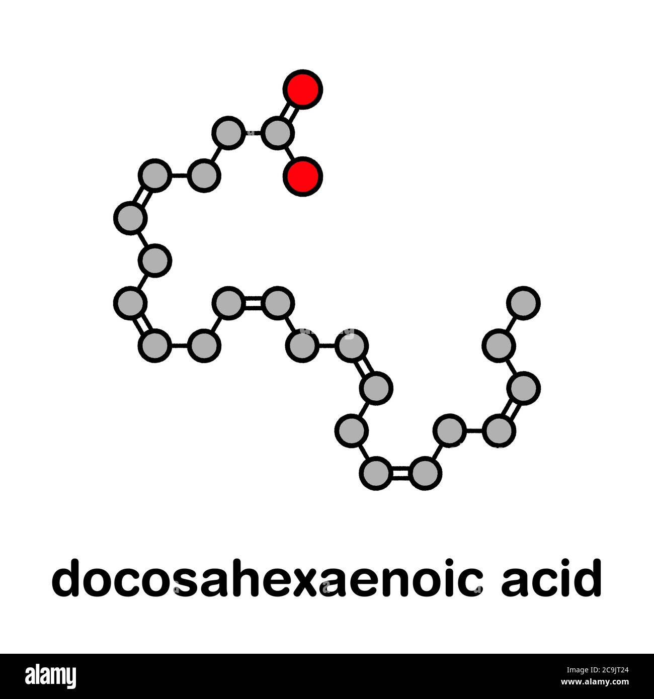 Docosahexaenoic acid (DHA, cervonic acid) molecule. Polyunsaturated omega-3 fatty acid present in fish oil. Stylized skeletal formula (chemical struct Stock Photo