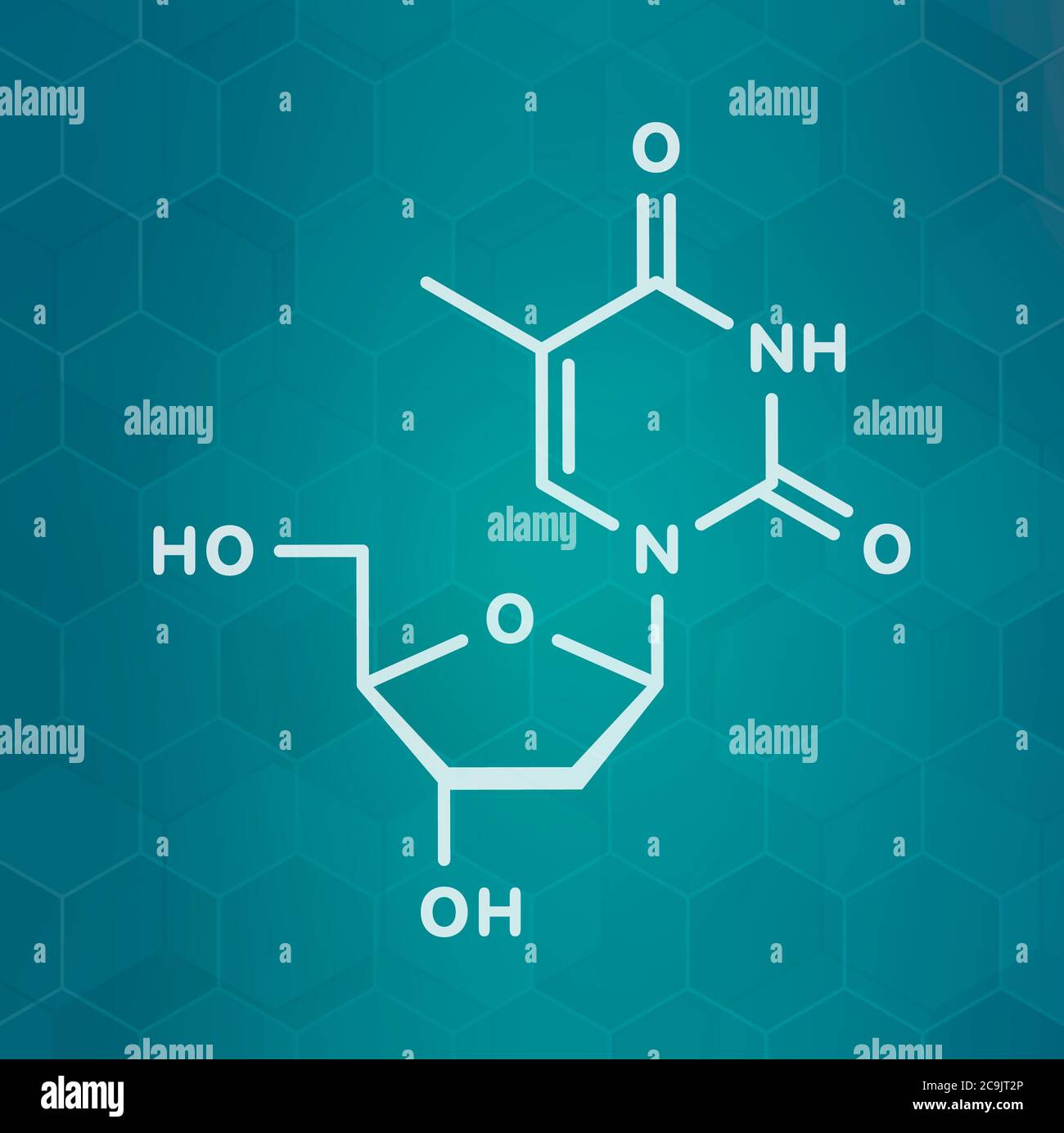 Thymidine (deoxythymidine) nucleoside molecule. DNA building block. White skeletal formula on dark teal gradient background with hexagonal pattern. Stock Photo