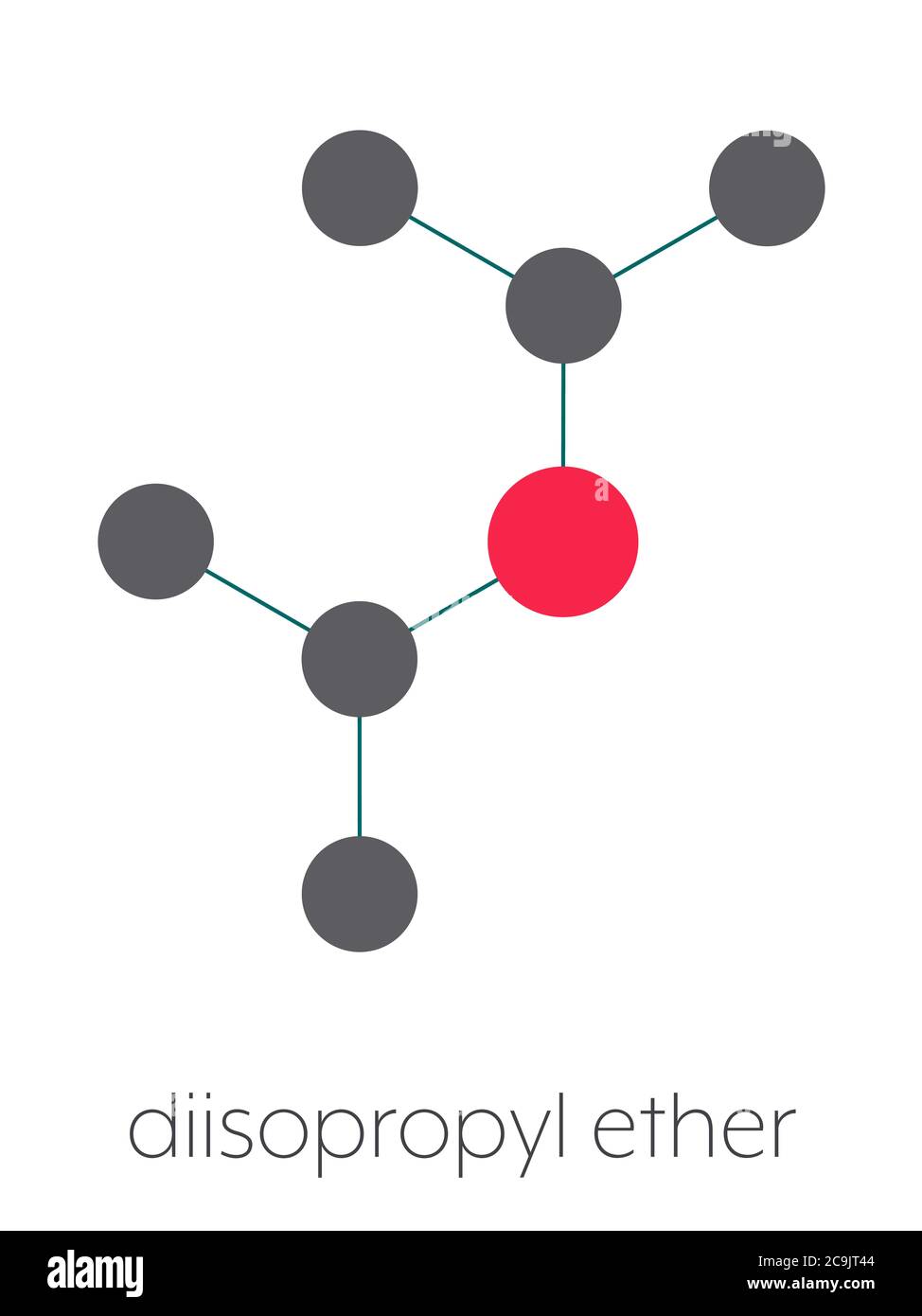 Diisopropyl ether chemical solvent molecule. Stylized skeletal formula (chemical structure). Atoms are shown as color-coded circles connected by thin Stock Photo