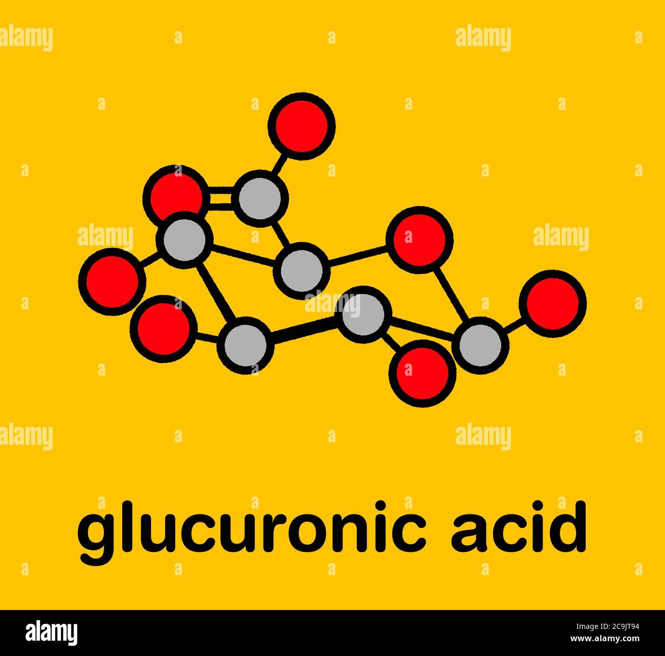 Glucuronic acid molecule. Glucuronidation of xenobiotics plays role in drug metabolism, giving glucuronides. Stylized skeletal formula (chemical struc Stock Photo