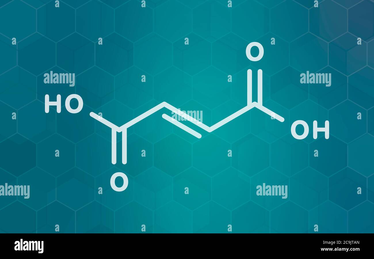 Fumaric acid molecule. Found in bolete mushrooms, lichen and iceland moss and used as food additive. White skeletal formula on dark teal gradient back Stock Photo