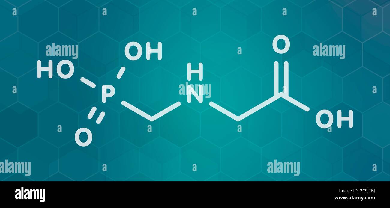 Glyphosate herbicide molecule. Crops resistant to glyphosate (genetically modified organisms, GMO) have been produced by genetic engineering. White sk Stock Photo