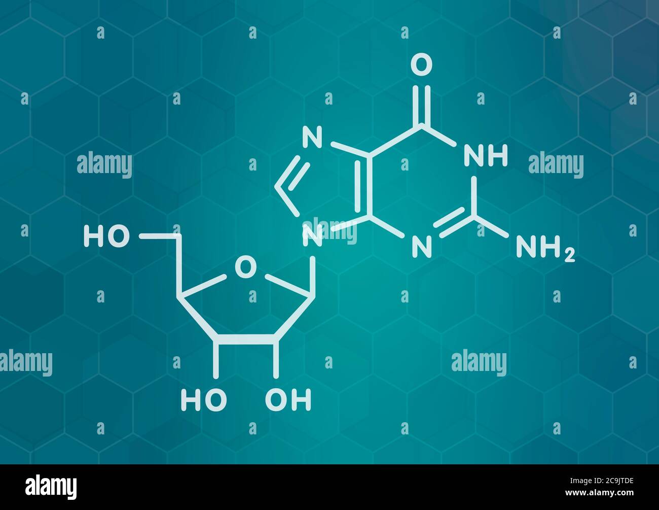 Guanosine purine nucleoside molecule. Important component of GTP, GDP, cGMP, GMP and RNA. White skeletal formula on dark teal gradient background with Stock Photo