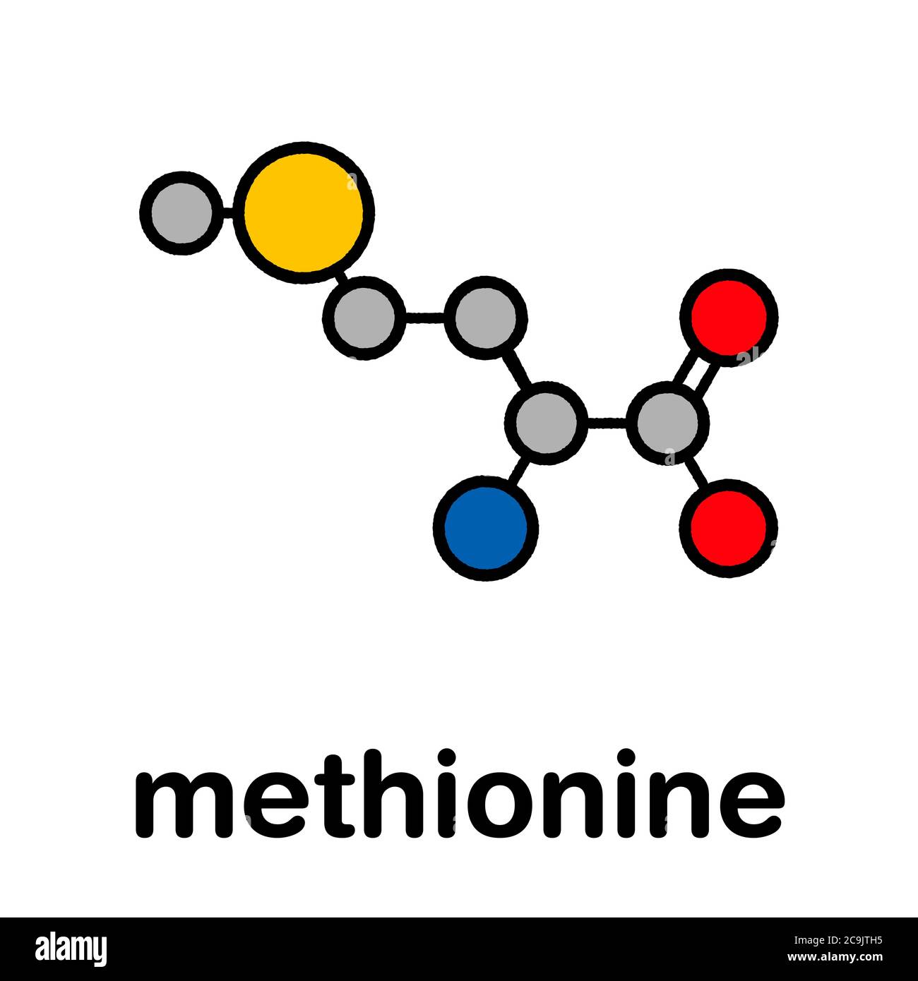 Methionine (L-methionine, Met, M) amino acid molecule. Stylized skeletal formula (chemical structure). Atoms are shown as color-coded circles with thi Stock Photo