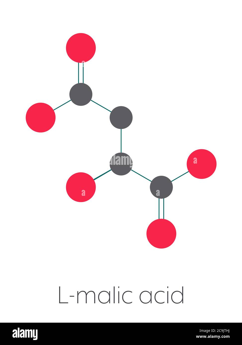 Malic acid fruit acid molecule. Present in apples, grapes, rhubarb, etc and contributes to the sour taste of these. Stylized skeletal formula (chemica Stock Photo