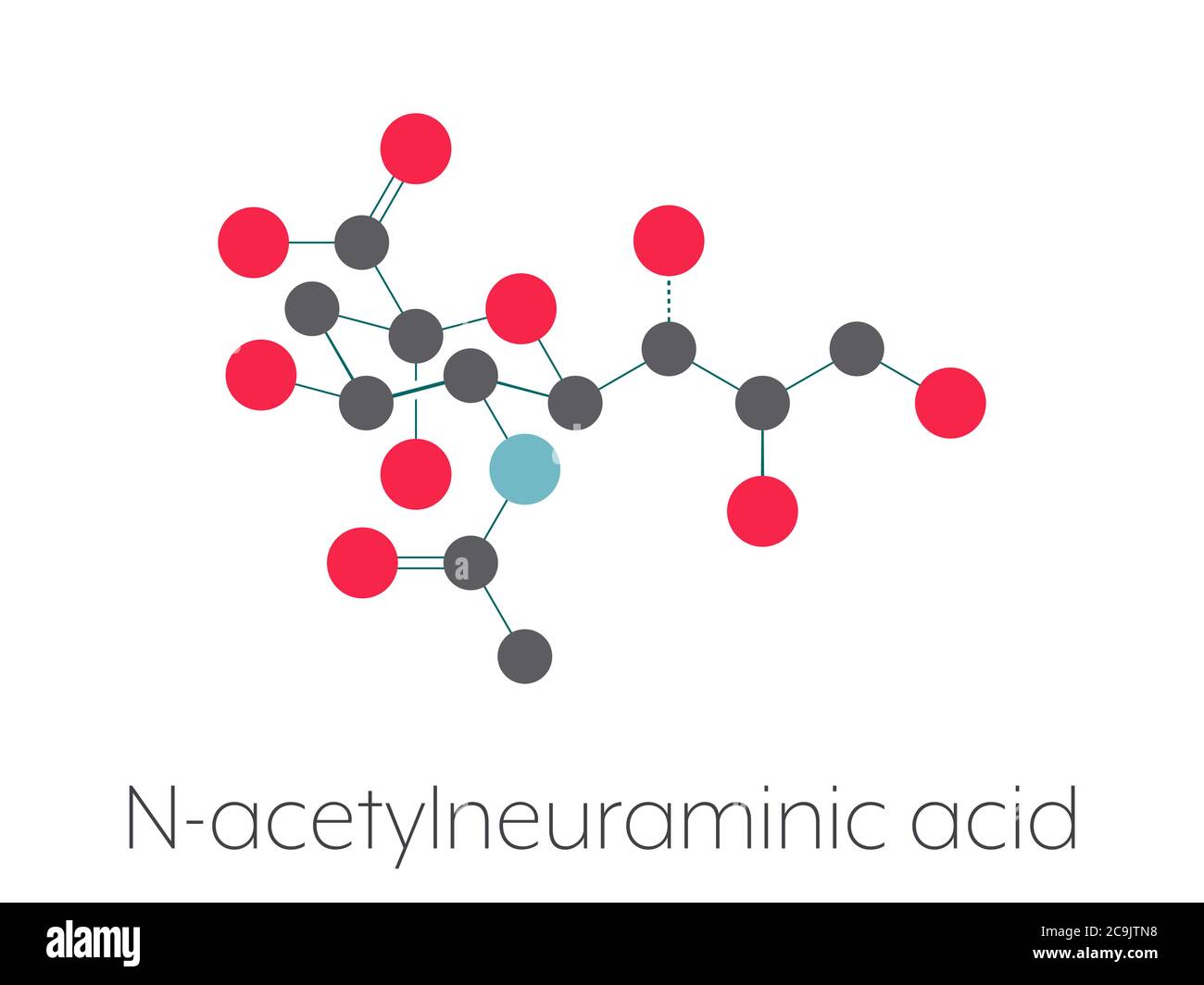 Sialic acid (N-acetylneuraminic acid, Neu5Ac, NANA) molecule. Stylized skeletal formula (chemical structure). Atoms are shown as color-coded circles c Stock Photo