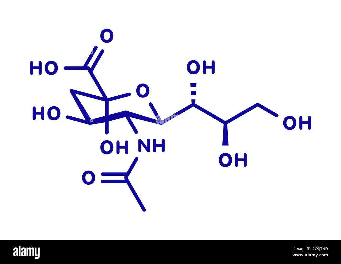 Sialic acid (N-acetylneuraminic acid, Neu5Ac, NANA) molecule. Blue skeletal formula on white background. Stock Photo