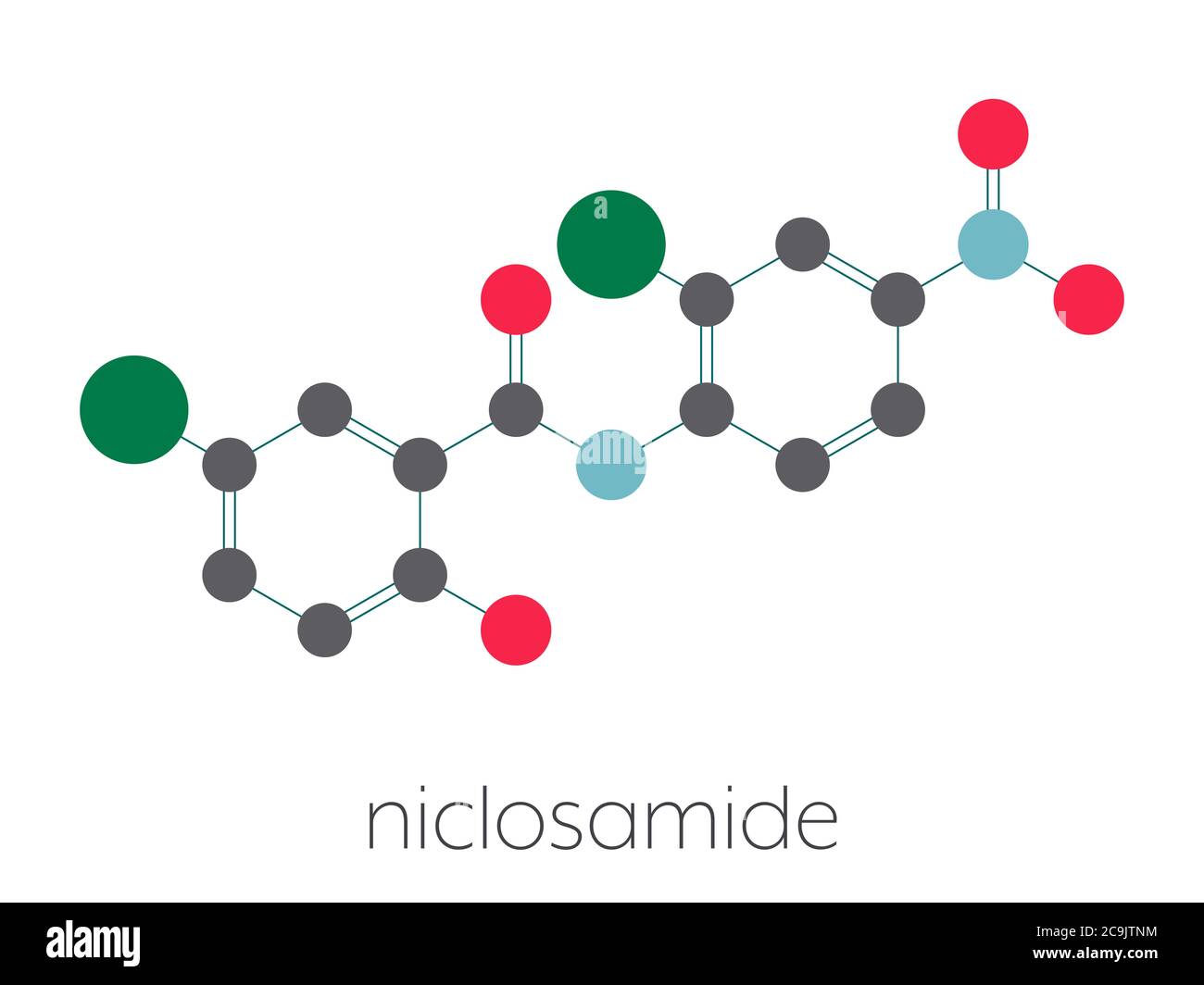 Niclosamide tapeworm drug molecule (anthelmintic). May be useful as antidiabetic drug, acting as a mitochondrial uncoupler. Stylized skeletal formula Stock Photo