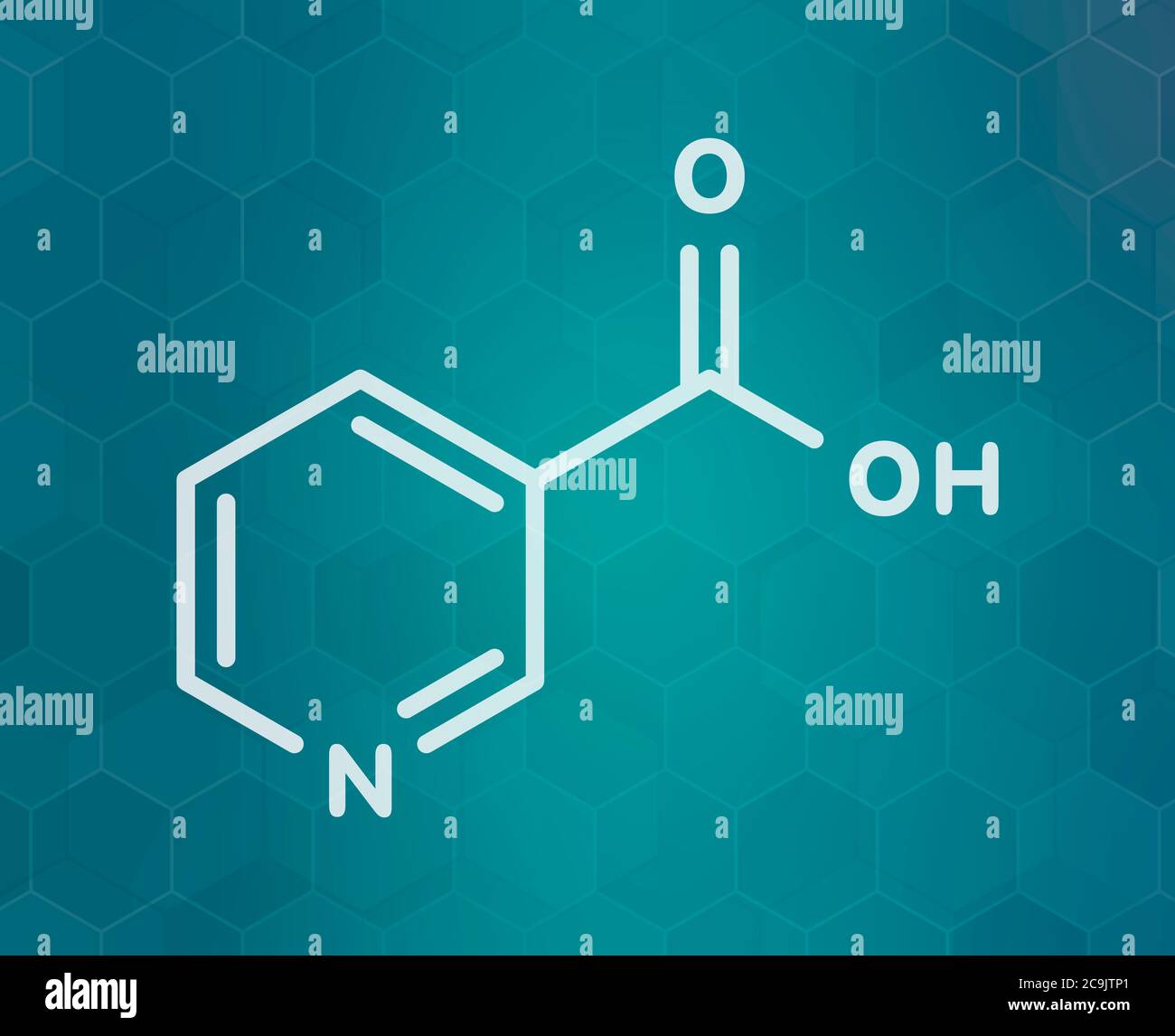 Vitamin B3 (niacin) molecule. White skeletal formula on dark teal gradient background with