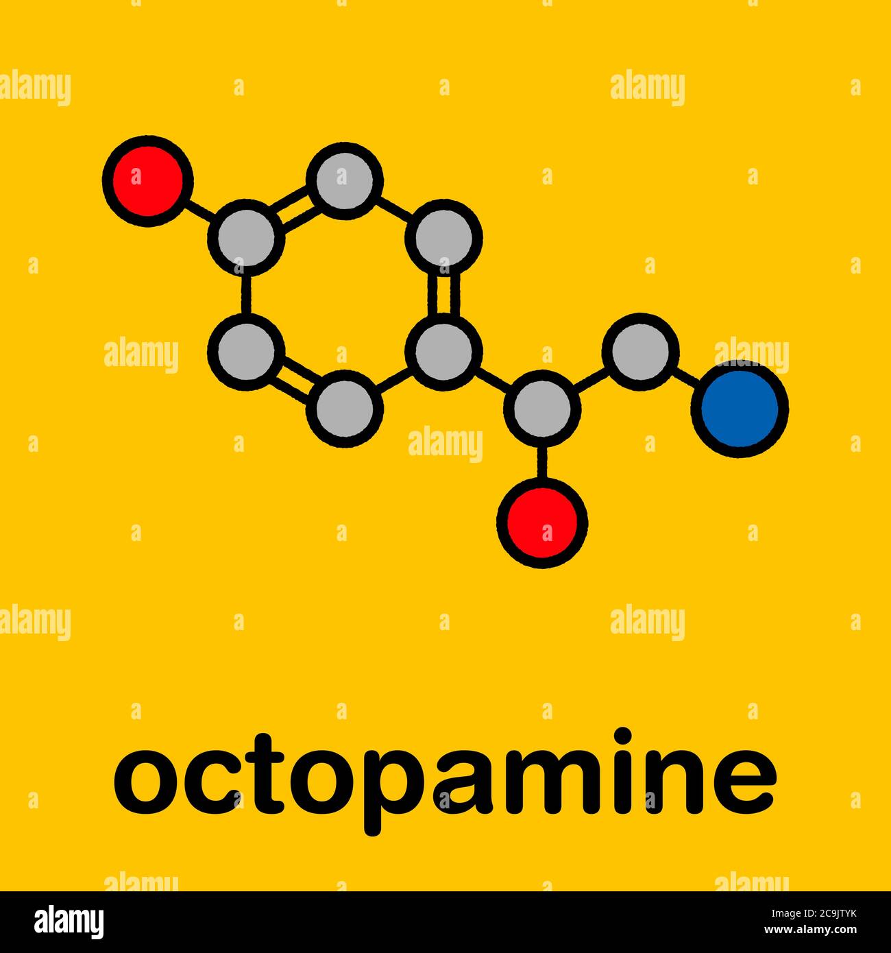 Octopamine stimulant drug molecule (sympathomimetic agent). Stylized skeletal formula (chemical structure). Atoms are shown as color-coded circles wit Stock Photo