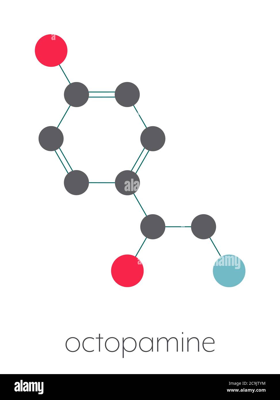 Octopamine stimulant drug molecule (sympathomimetic agent). Stylized skeletal formula (chemical structure). Atoms are shown as color-coded circles con Stock Photo