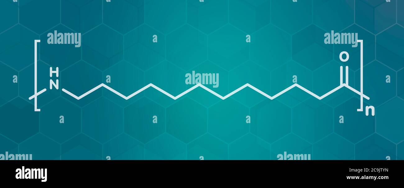 Nylon 12 polymer, chemical structure. White skeletal formula on dark