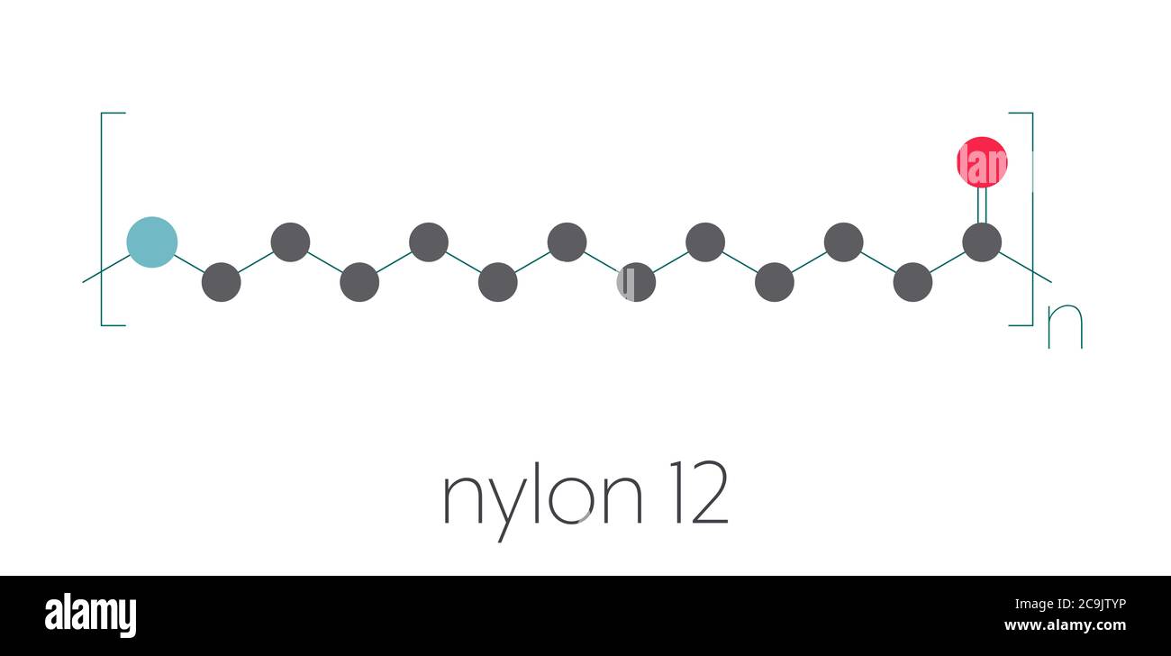 Nylon 12 polymer, chemical structure. Stylized skeletal formula Atoms