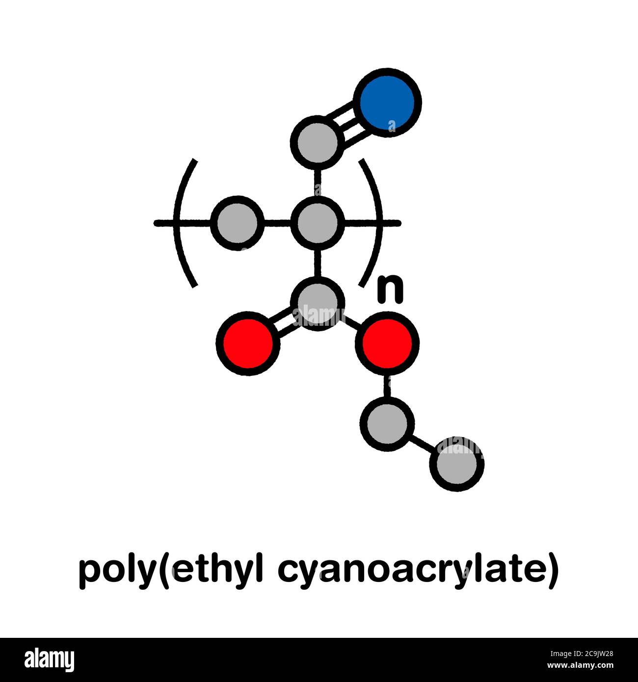 Poly(ethyl cyanoacrylate) polymer, chemical structure. Polymerized (set) form of ethyl cyanoacrylate instant glue. Stylized skeletal formula: Atoms ar Stock Photo