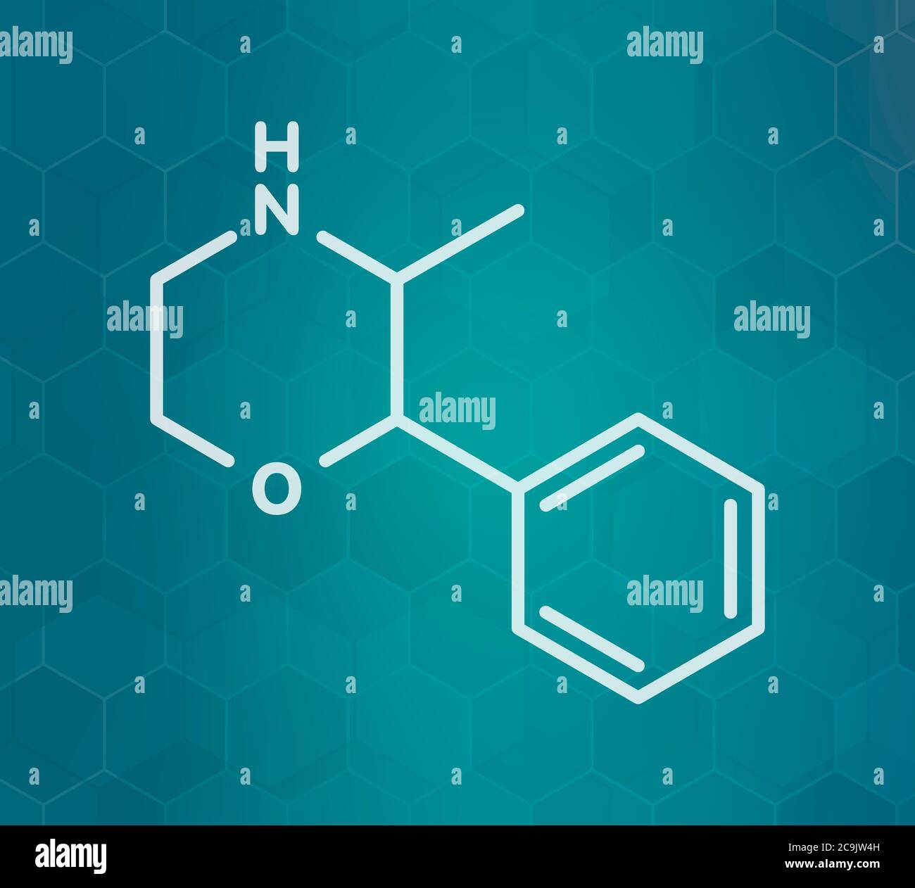 Phenmetrazine stimulant drug molecule (amphetamine class). Used as stimulant and appetite suppressant. White skeletal formula on dark teal gradient ba Stock Photo