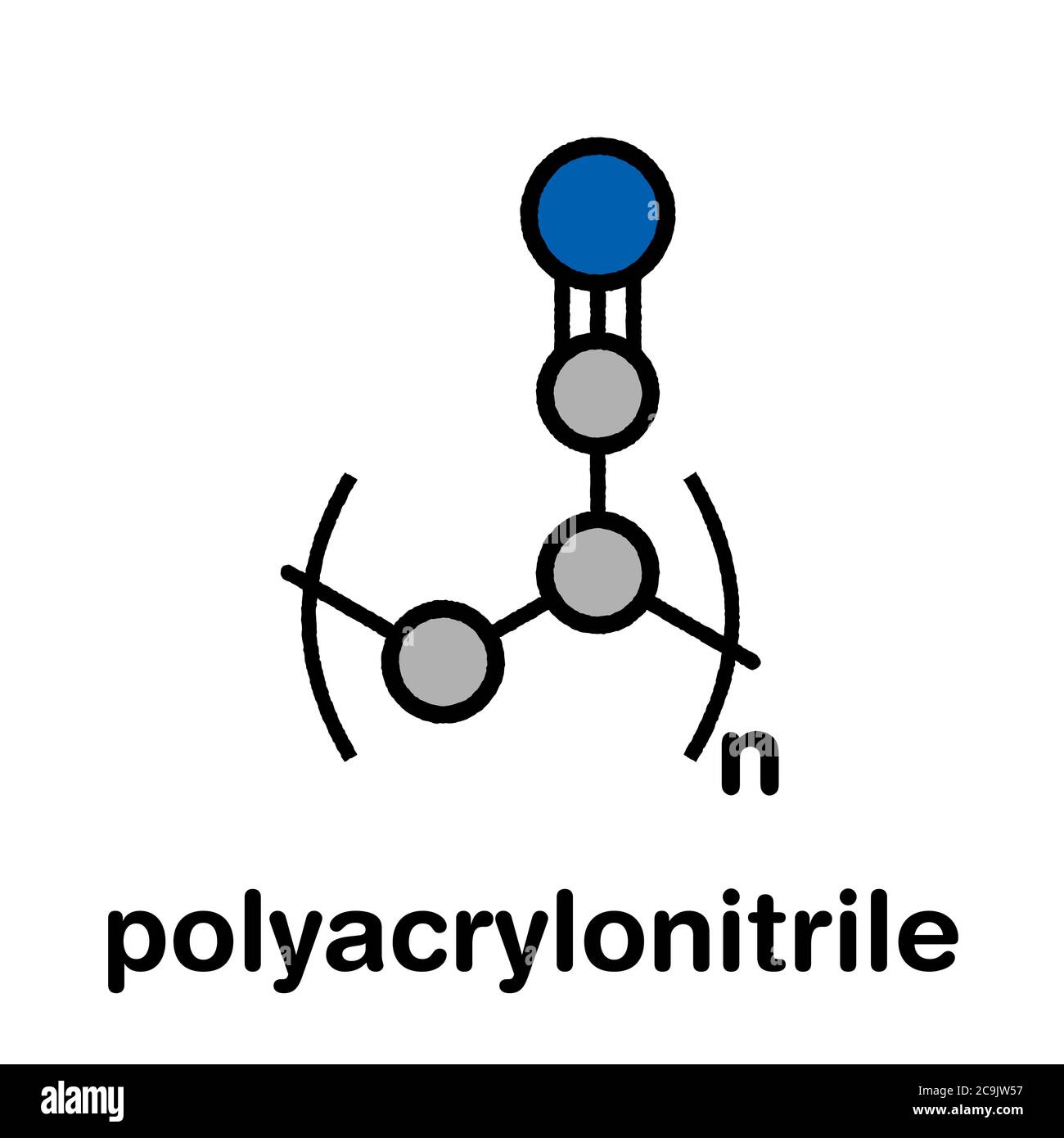 Polyacrylonitrile (PAN) polymer, chemical structure. Stylized skeletal formula: Atoms are shown as color-coded circles with thick black outlines and b Stock Photo
