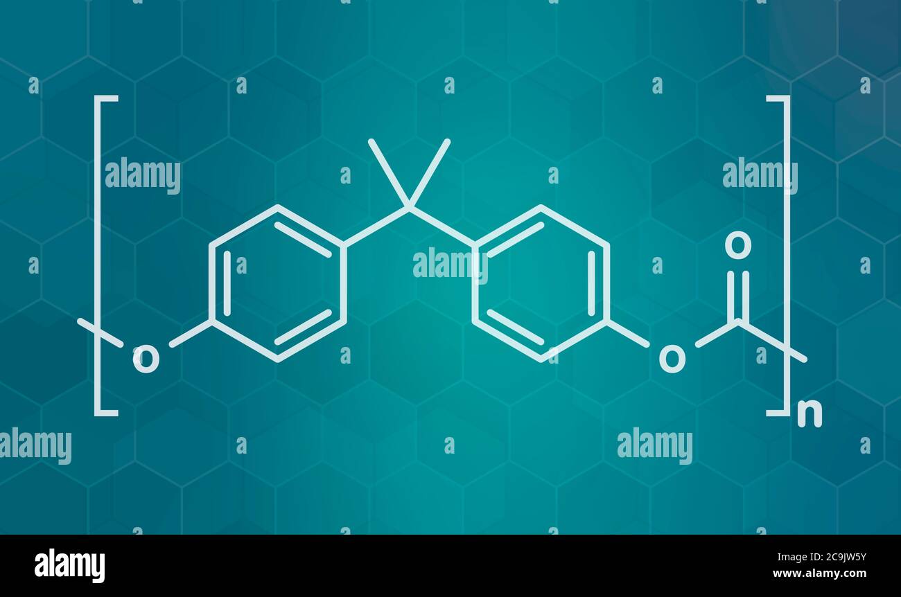 Polycarbonate (PC) plastic, chemical structure. Made from phosgene and