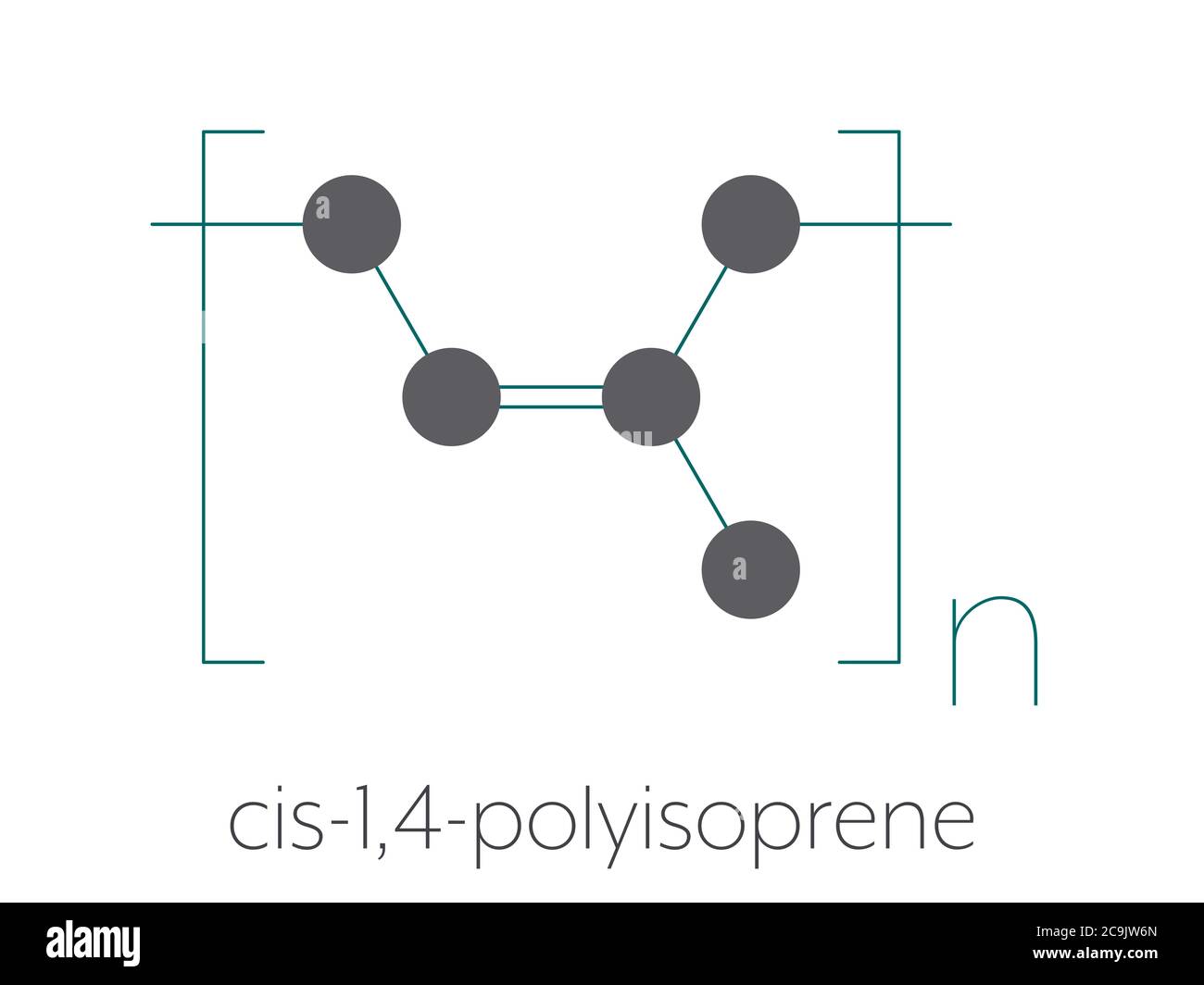 Natural rubber (cis-1,4-polyisoprene), chemical structure. Stylized skeletal formula: Atoms are shown as color-coded circles connected by thin bonds, Stock Photo