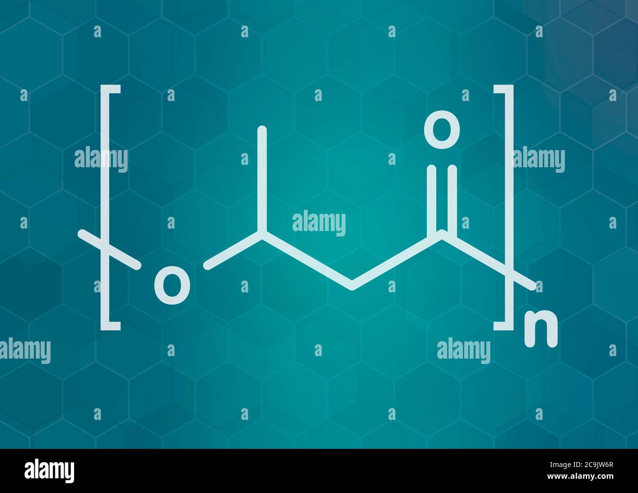 Polyhydroxybutyrate (PHB) biodegradable plastic, chemical structure. Polymer that is both bio-derived and compostable. White skeletal formula on dark Stock Photo