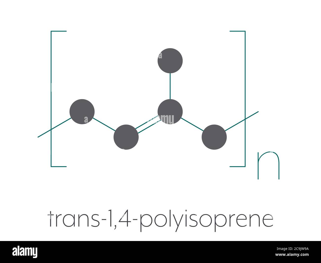 Trans-1,4-polyisoprene polymer, chemical structure. Main component of gutta-percha. Stylized skeletal formula: Atoms are shown as color-coded circles Stock Photo