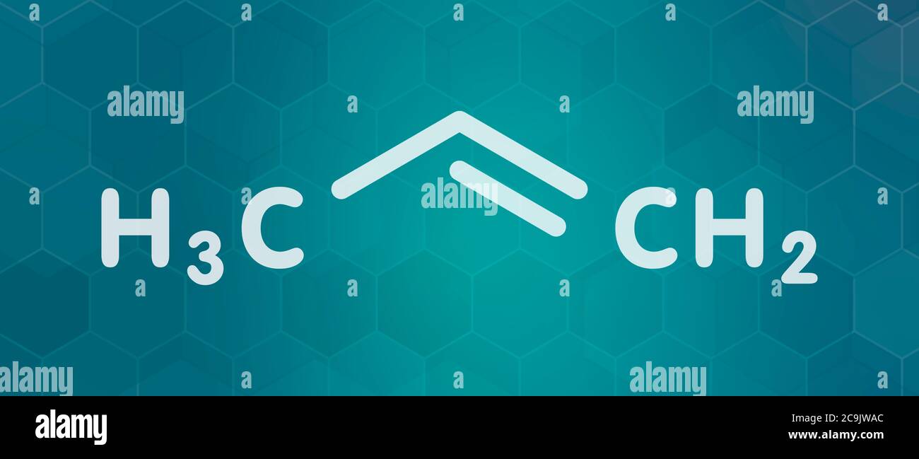 Propene (propylene) molecule. Polypropylene (PP, polyprene) building block material. White skeletal formula on dark teal gradient background with hexa Stock Photo