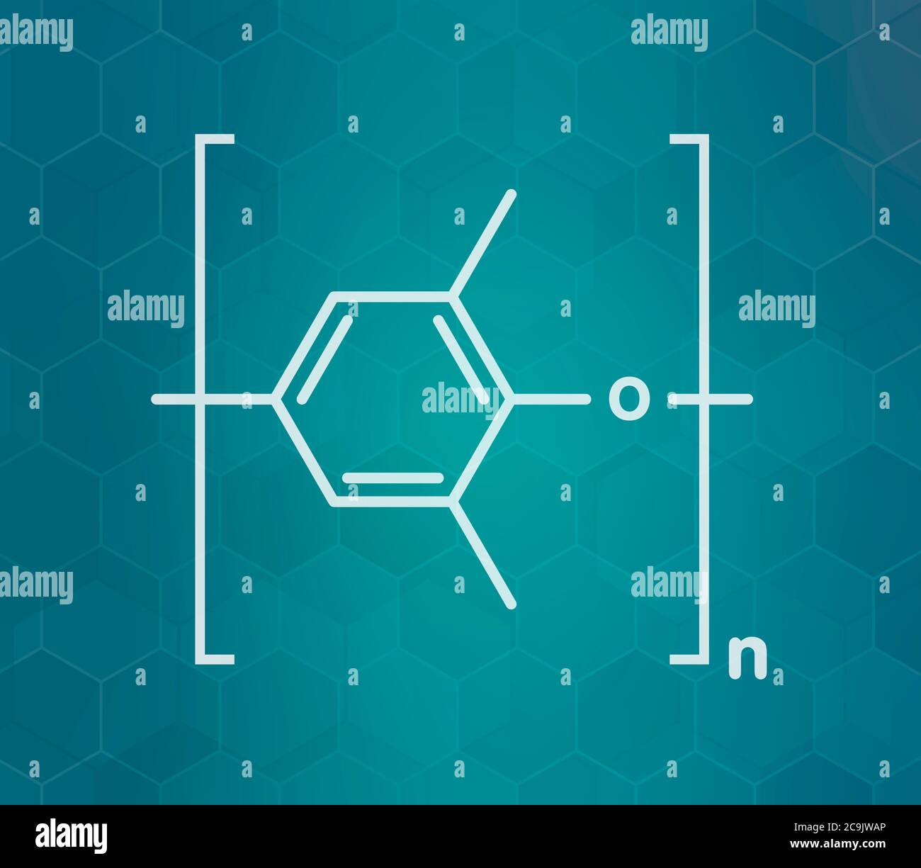 Poly(p-phenylene oxide) (PPO) polymer, chemical structure. Also known as poly(p-phenylene ether) or PPE. White skeletal formula on dark teal gradient Stock Photo