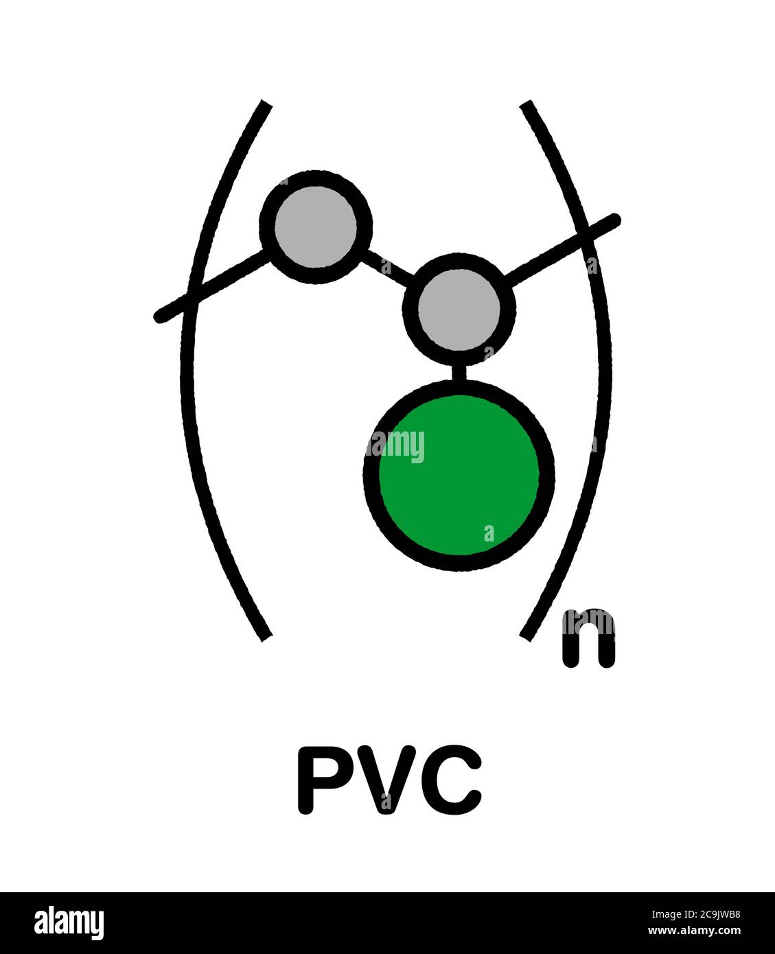 poly(vinyl chloride) plastic (PVC), chemical structure. Stylized skeletal formula: Atoms are shown as color-coded circles with thick black outlines an Stock Photo