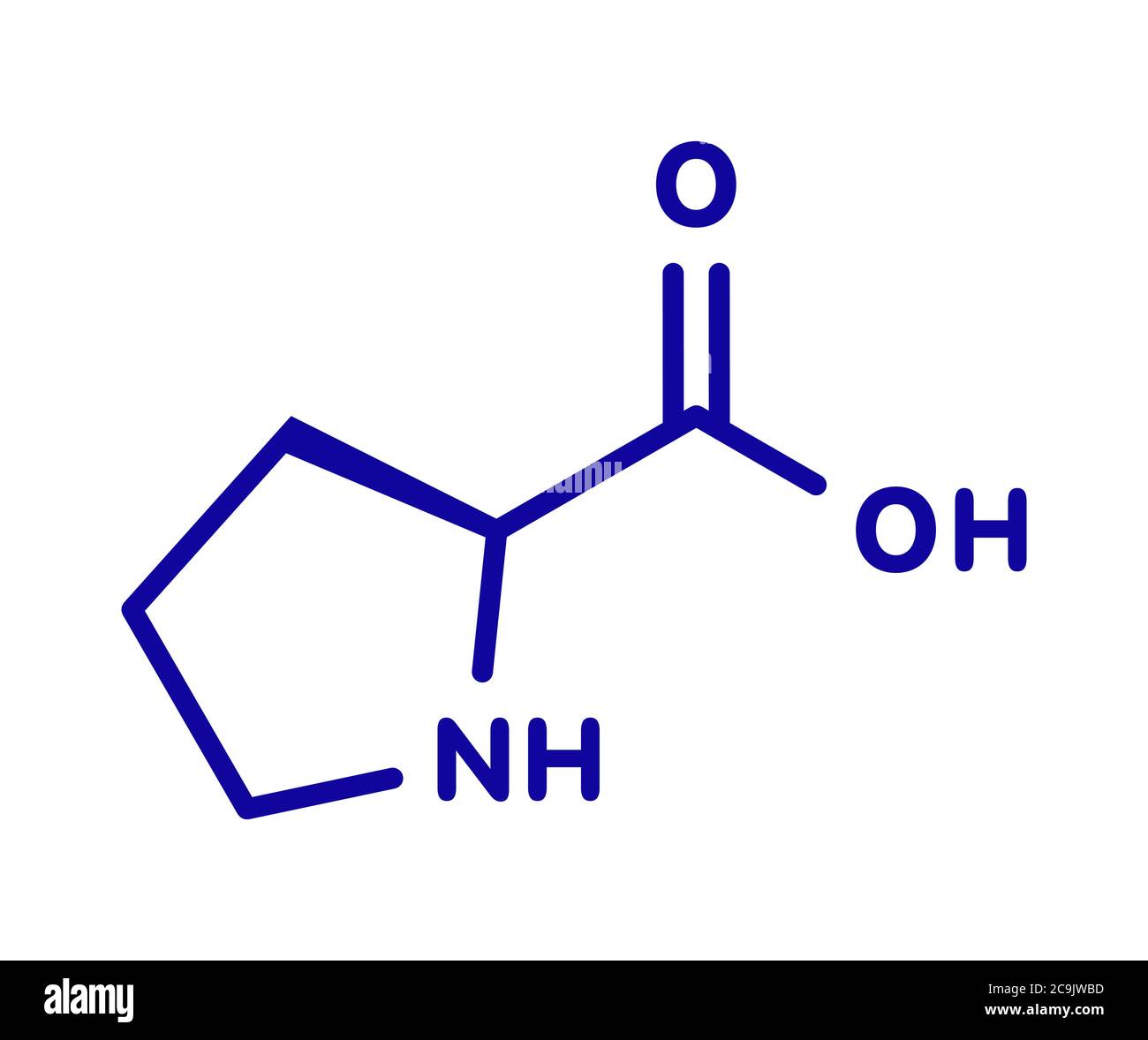 Proline (l-proline, Pro) amino acid molecule. Blue skeletal formula on white background. Stock Photo