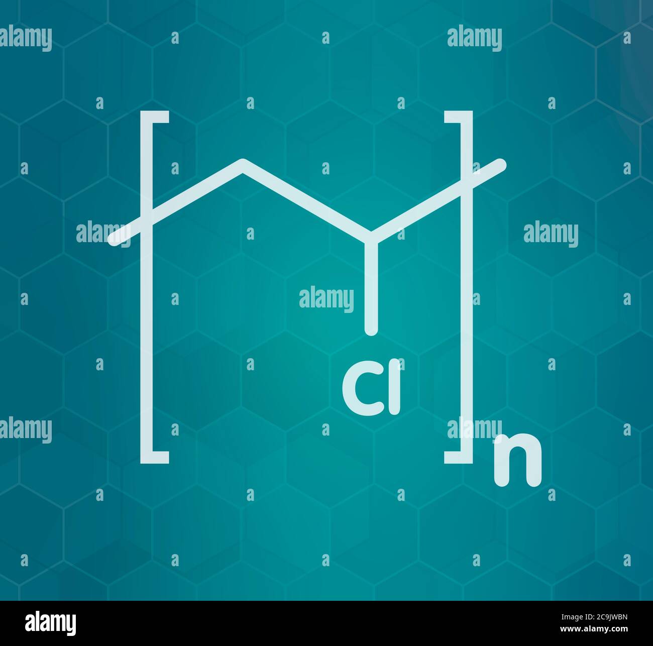 poly(vinyl chloride) plastic (PVC), chemical structure. Used in production of pipes, window frames, electric cable insulation, vinyl records, etc. Whi Stock Photo