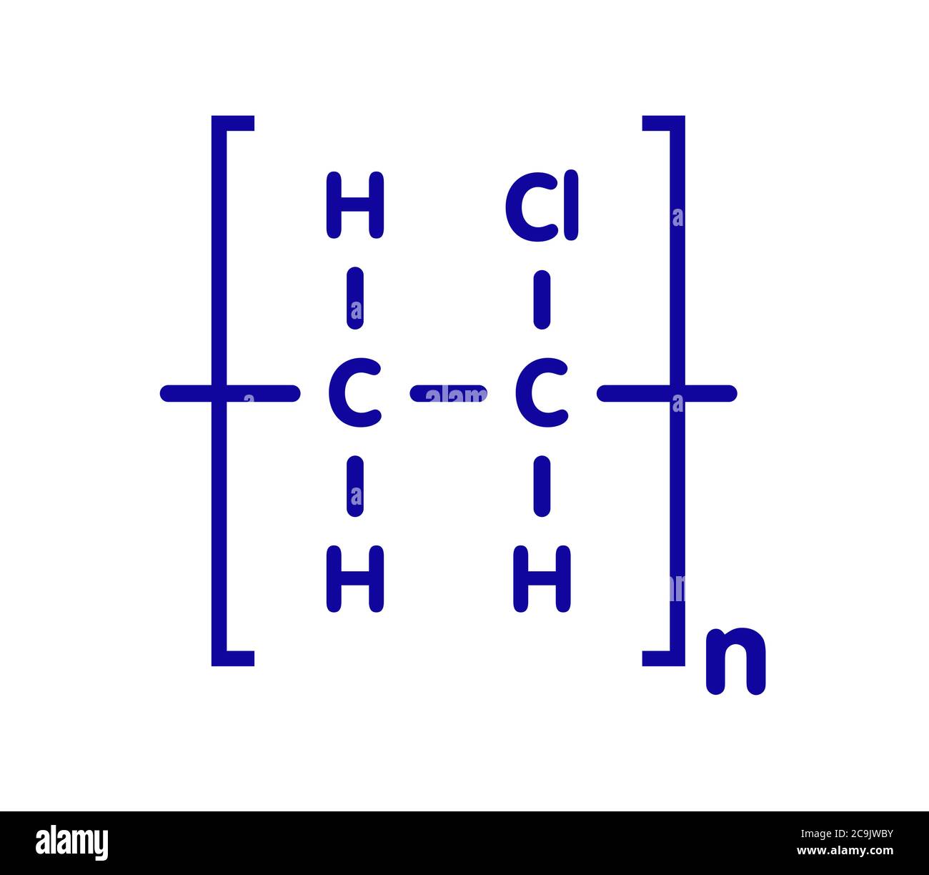 poly(vinyl chloride) plastic (PVC), chemical structure. Used in production of pipes, window frames, electric cable insulation, vinyl records, etc. Blu Stock Photo